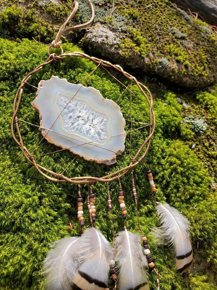Dreamcatcher made with a Beautiful Agate Slice and Ethically Sourced Pheasant Feathers. Wire Wrapped. Hammered. - EarthyElementStudio
