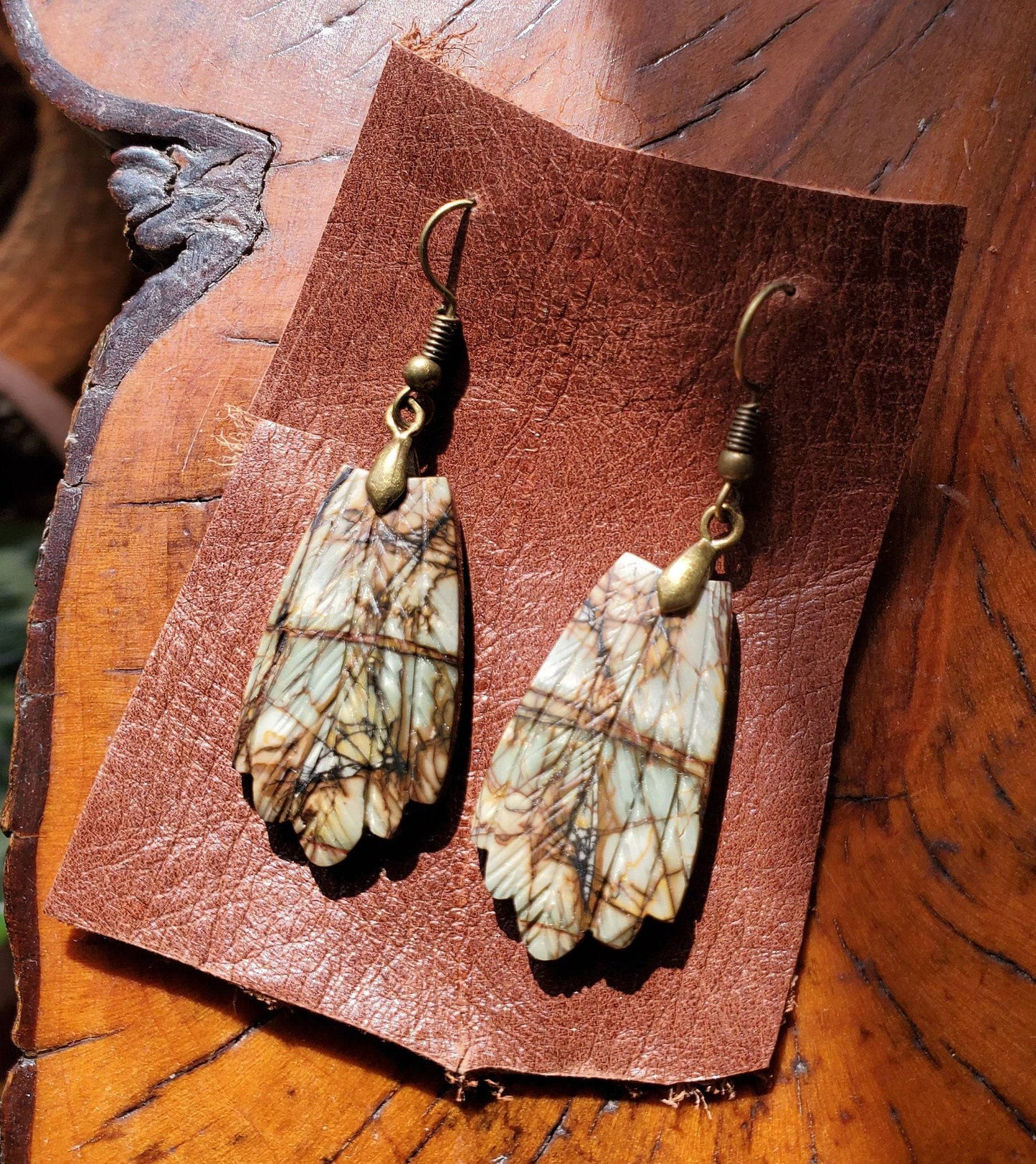 PICASSO Jasper Earrings. Hand Carved Feathers. Jasper Jewelry on Antiqued Brass WIRE Hook. - EarthyElementStudio