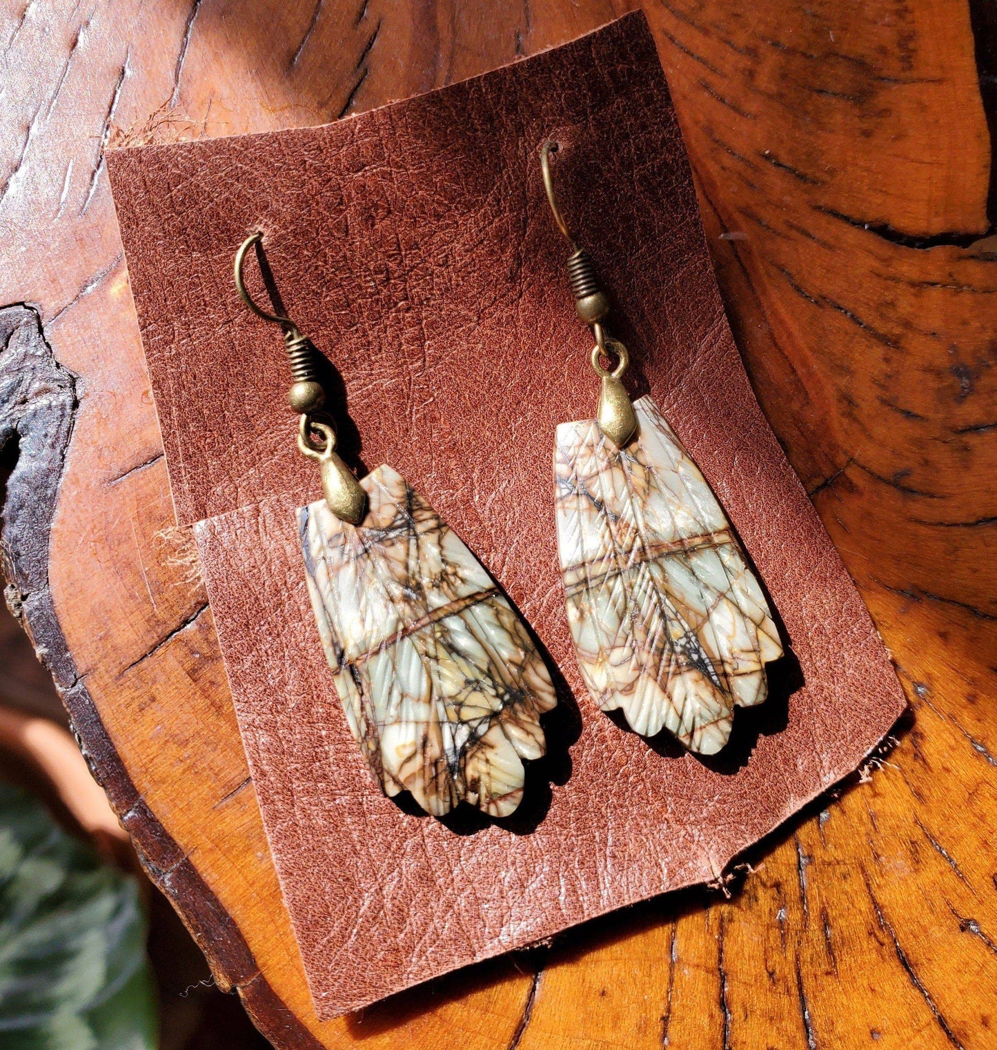 PICASSO Jasper Earrings. Hand Carved Feathers. Jasper Jewelry on Antiqued Brass WIRE Hook. - EarthyElementStudio