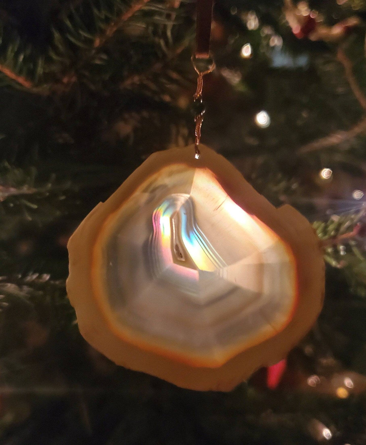 Iris Agate Ornament. Rainbow Agate. Iridescent Crystal. Window Display. Decor. Copper Wire. Turquoise Bead. Genuine Leather Cord. - EarthyElementStudio