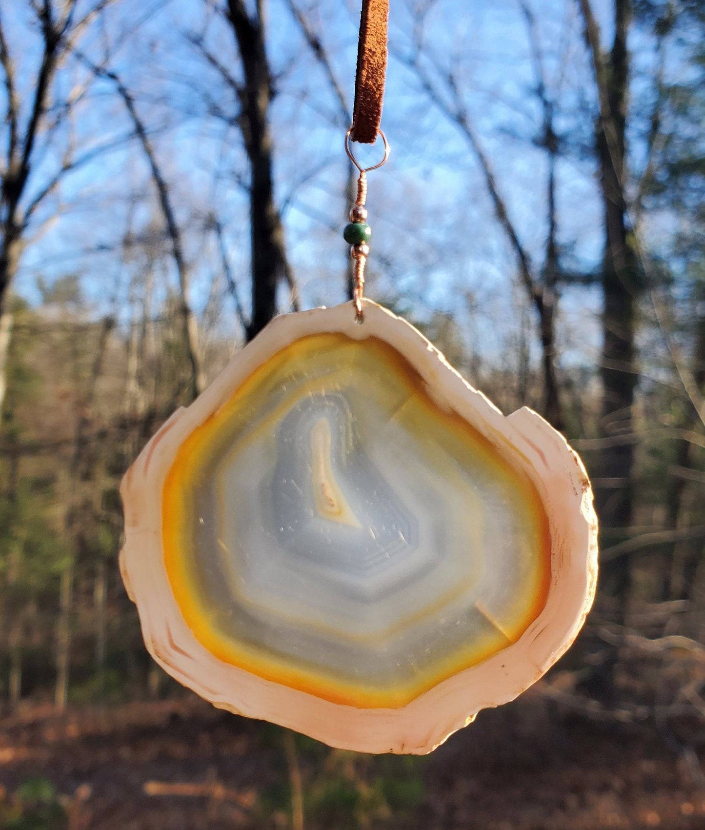 Iris Agate Ornament. Rainbow Agate. Iridescent Crystal. Window Display. Decor. Copper Wire. Turquoise Bead. Genuine Leather Cord. - EarthyElementStudio