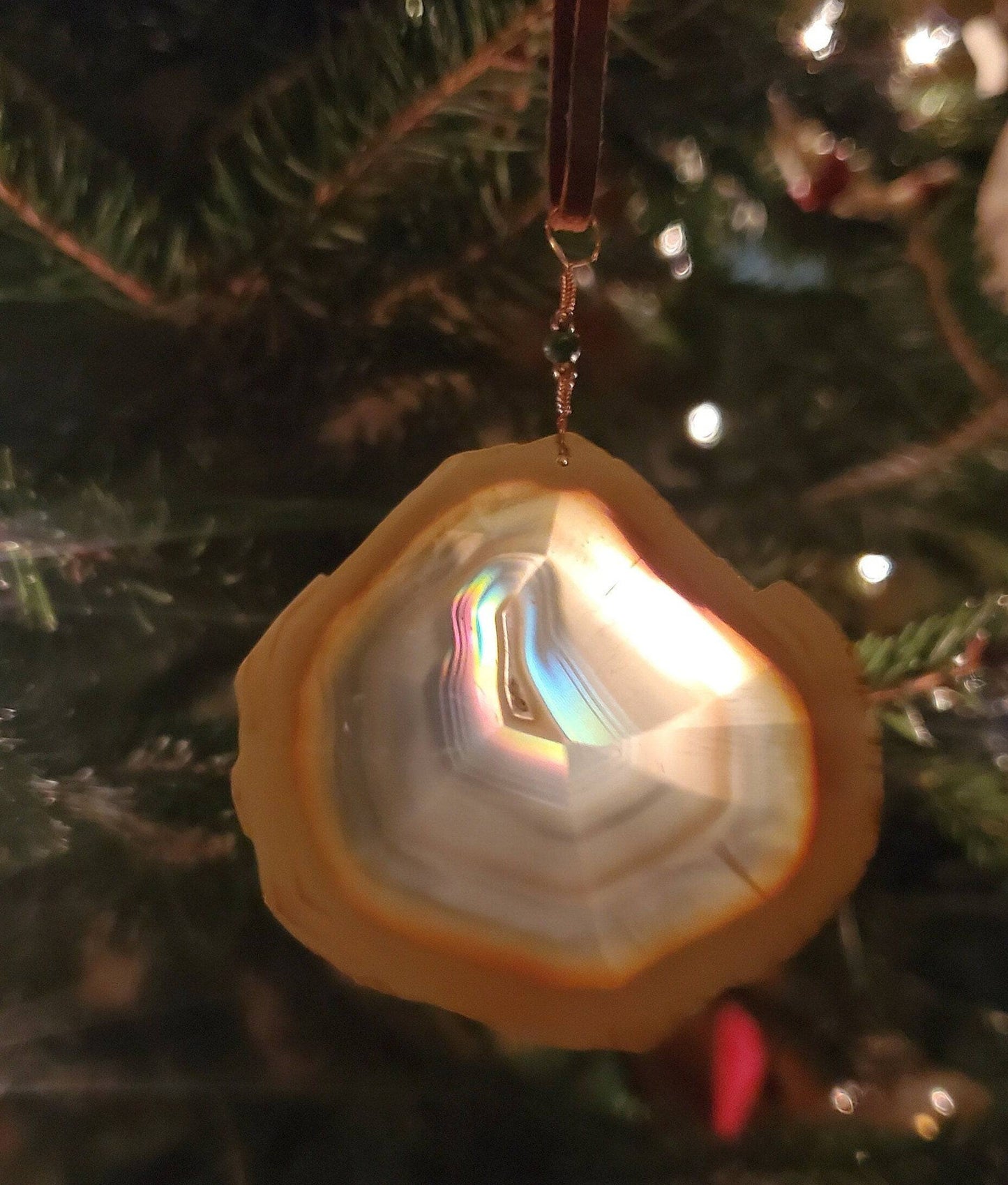 Iris Agate Ornament. Rainbow Agate. Iridescent Crystal. Window Display. Decor. Copper Wire. Turquoise Bead. Genuine Leather Cord. - EarthyElementStudio