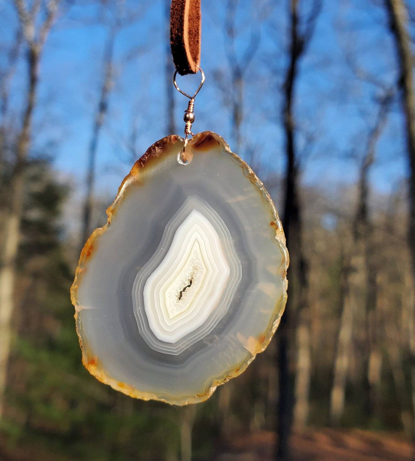 Agate Ornament. Window Display. Wall Decor. Natural Stone. Copper bead and wire. Genuine Leather Cord. - EarthyElementStudio