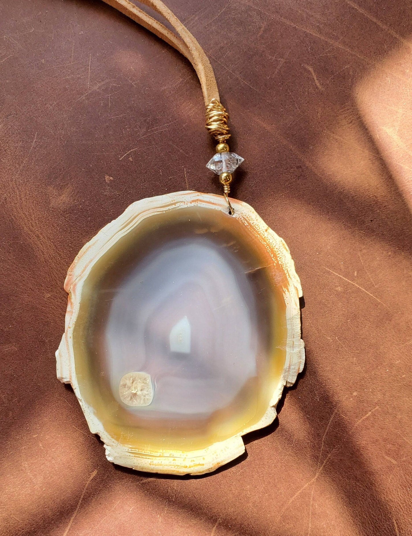 Iris Agate Suncatcher. Rainbow Agate. Iridescent Crystal. Window Display. Decor. Brass Wire. Herkimer Diamond. Genuine Leather Cord. - EarthyElementStudio