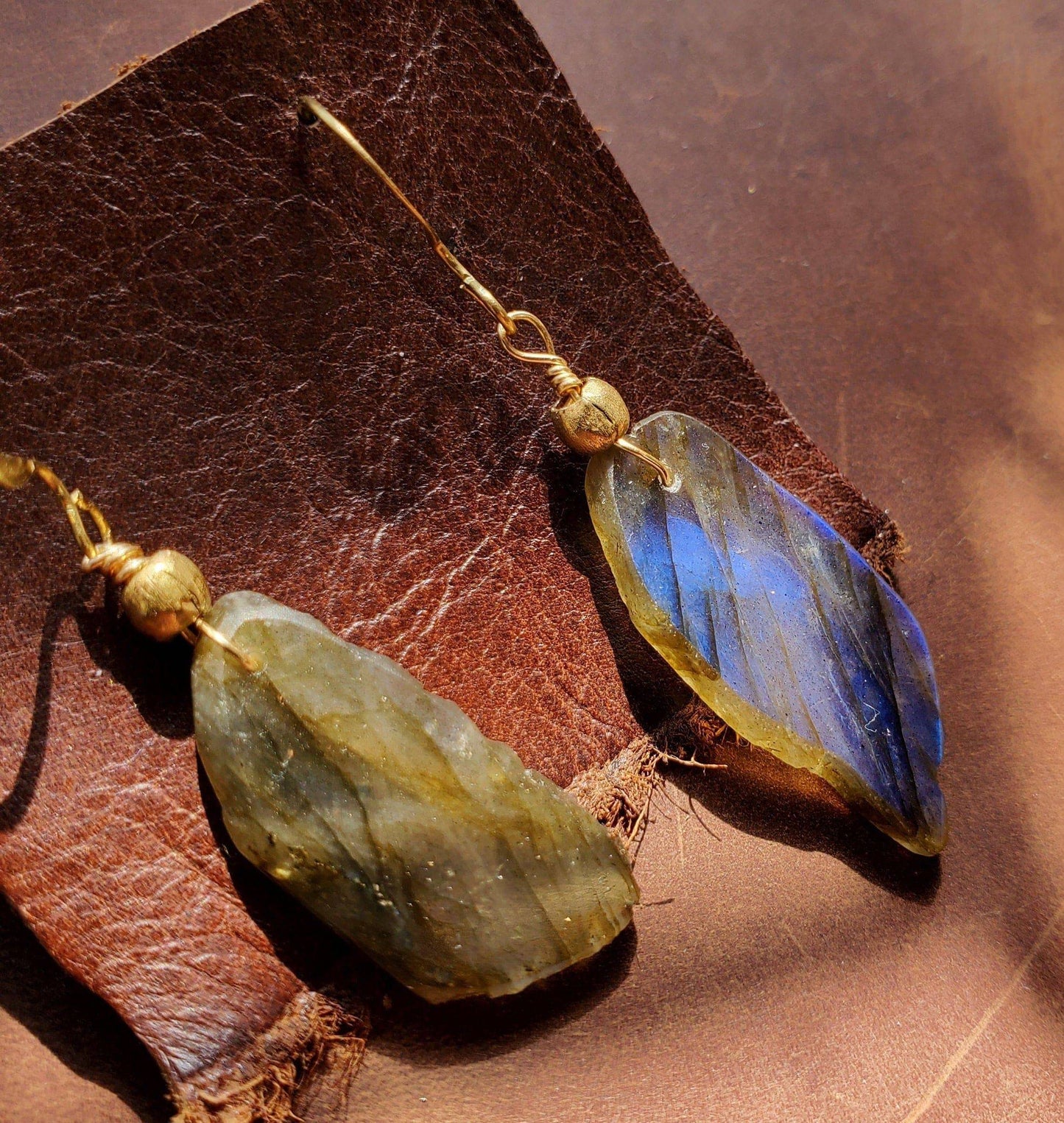 Labradorite Earrings. Crystal Jewelry on Brass WIRE Hook. Gold and blue flash. Handmade Brass beads. - EarthyElementStudio