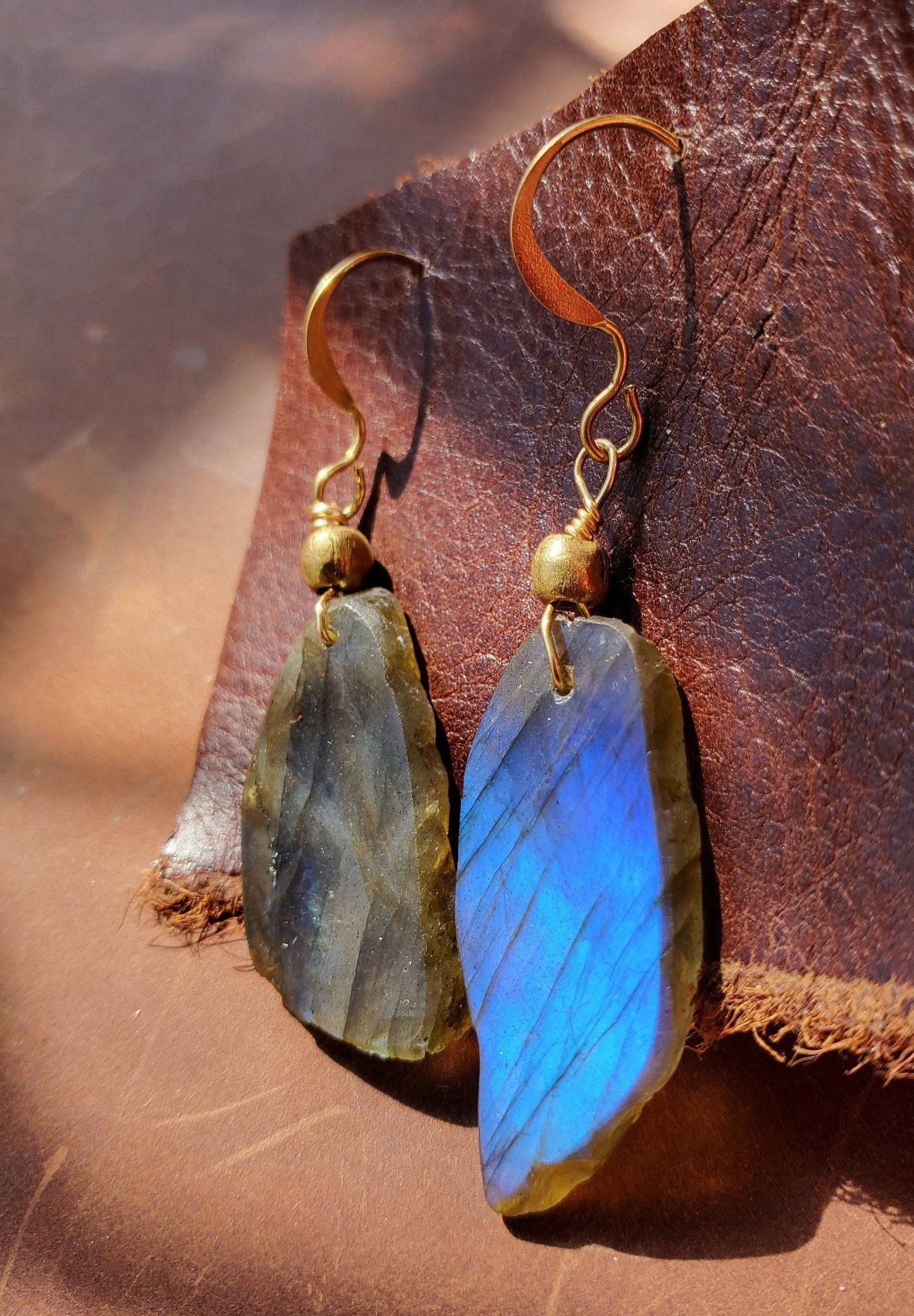 Labradorite Earrings. Crystal Jewelry on Brass WIRE Hook. Gold and blue flash. Handmade Brass beads. - EarthyElementStudio