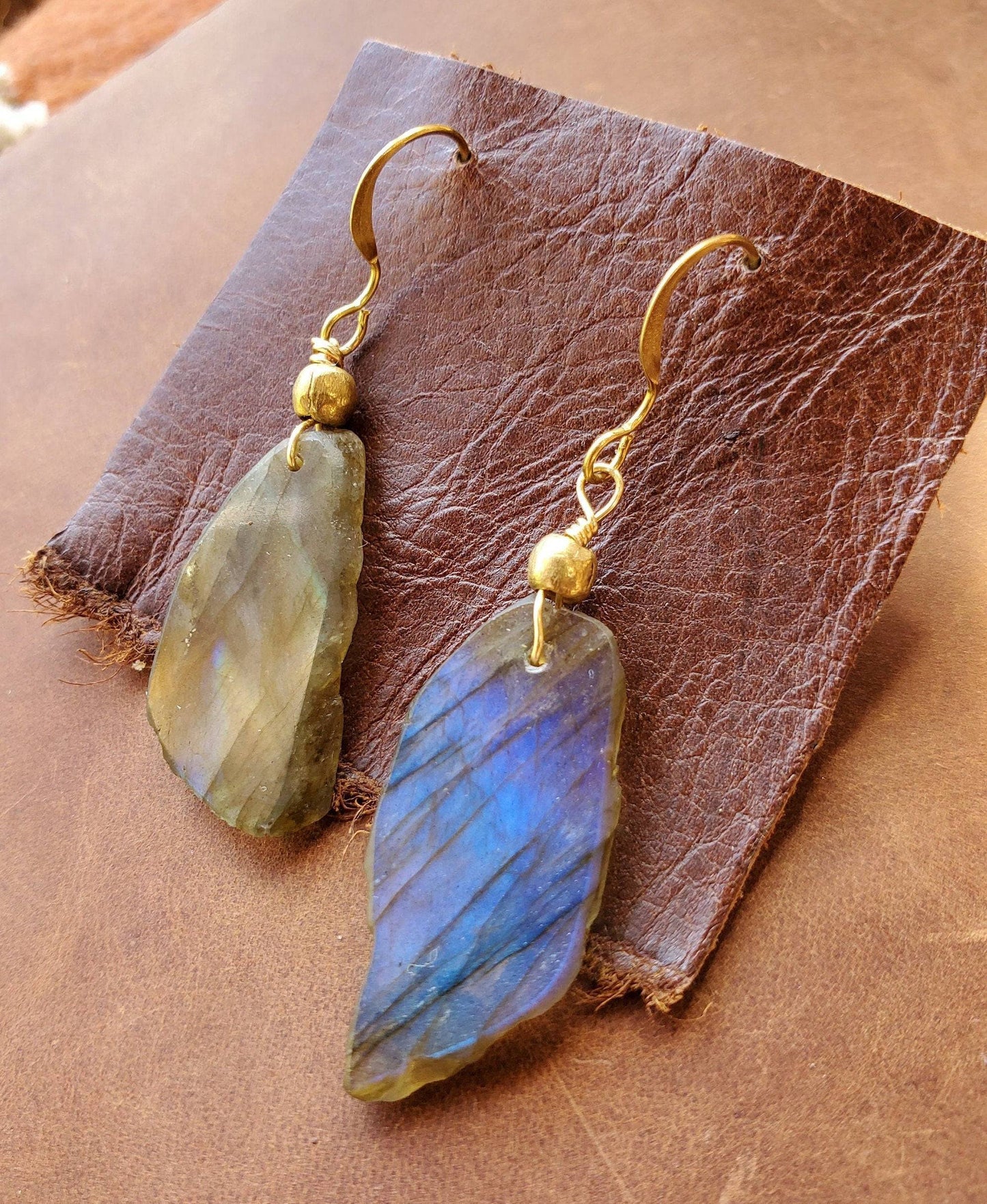 Labradorite Earrings. Crystal Jewelry on Brass WIRE Hook. Gold and blue flash. Handmade Brass beads. - EarthyElementStudio
