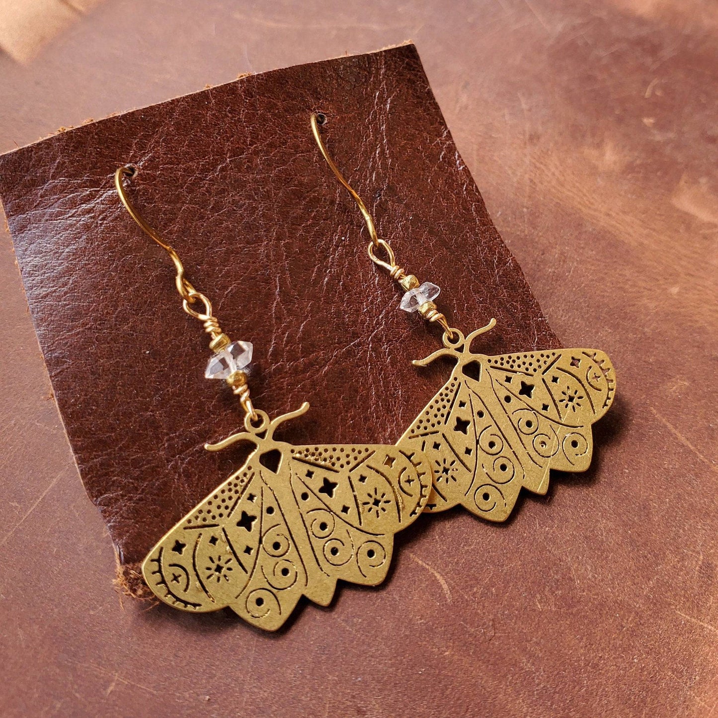 Brass Moth Earrings with Herkimer Diamonds. Handmade. Insect Jewelry . Natural. - EarthyElementStudio