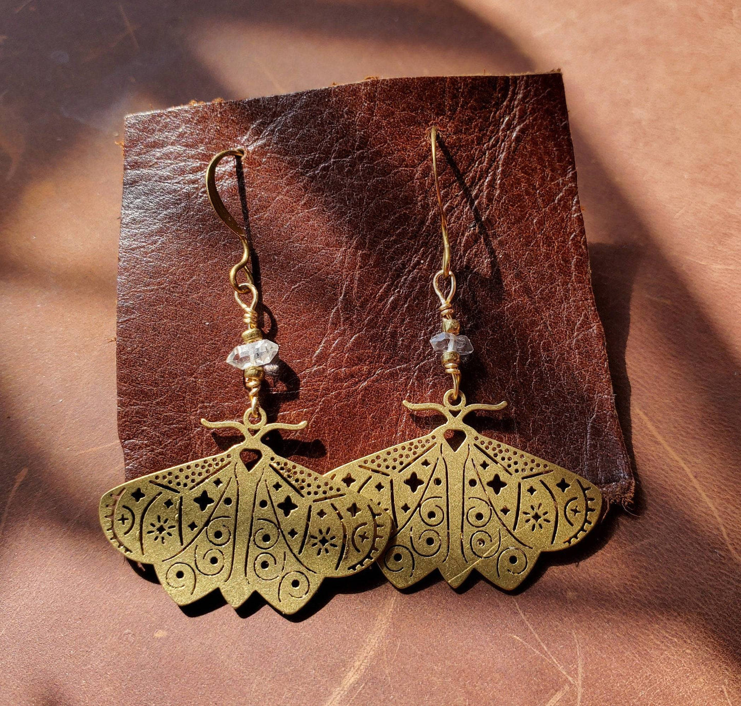 Brass Moth Earrings with Herkimer Diamonds. Handmade. Insect Jewelry . Natural. - EarthyElementStudio