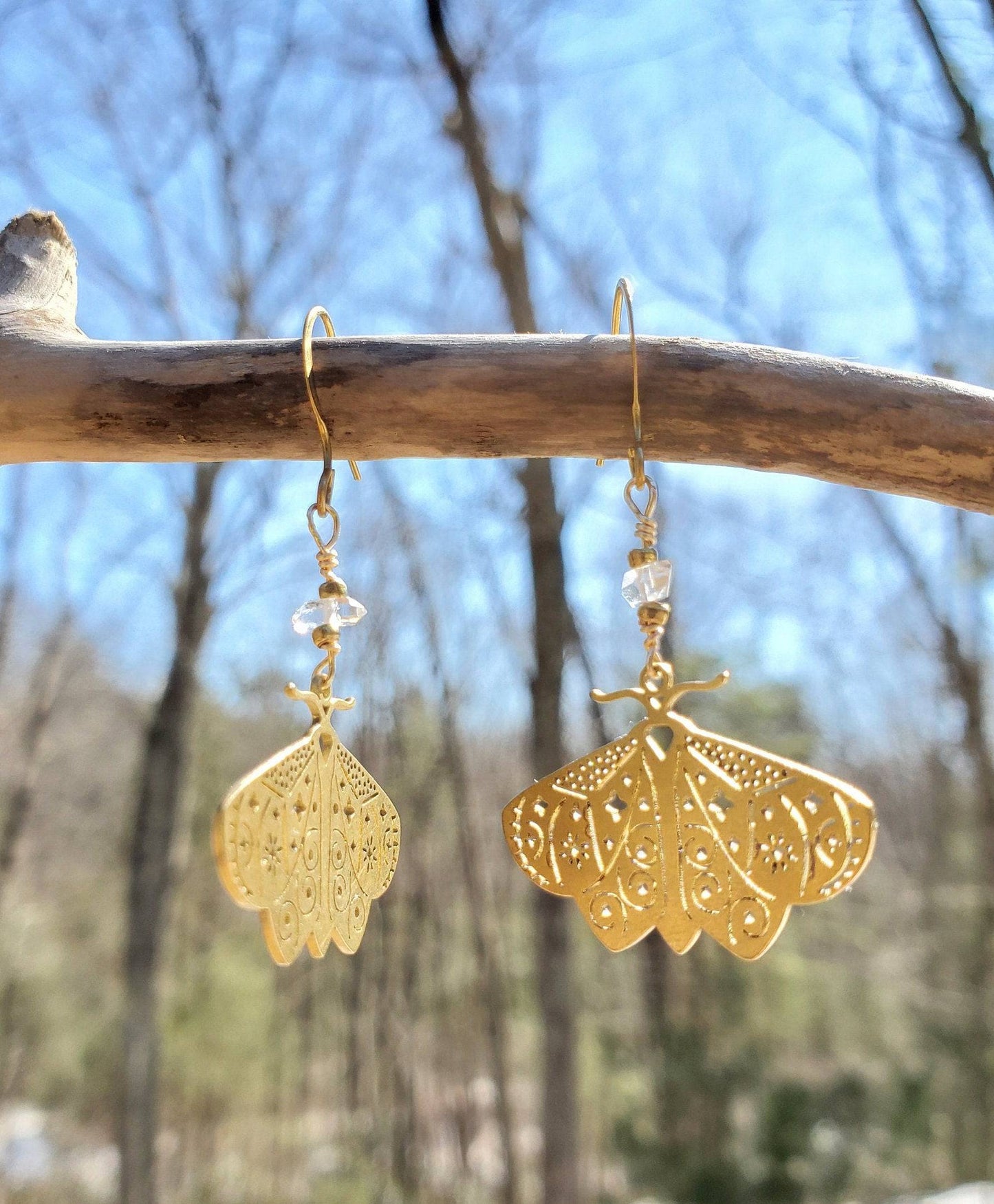 Brass Moth Earrings with Herkimer Diamonds. Handmade. Insect Jewelry . Natural. - EarthyElementStudio