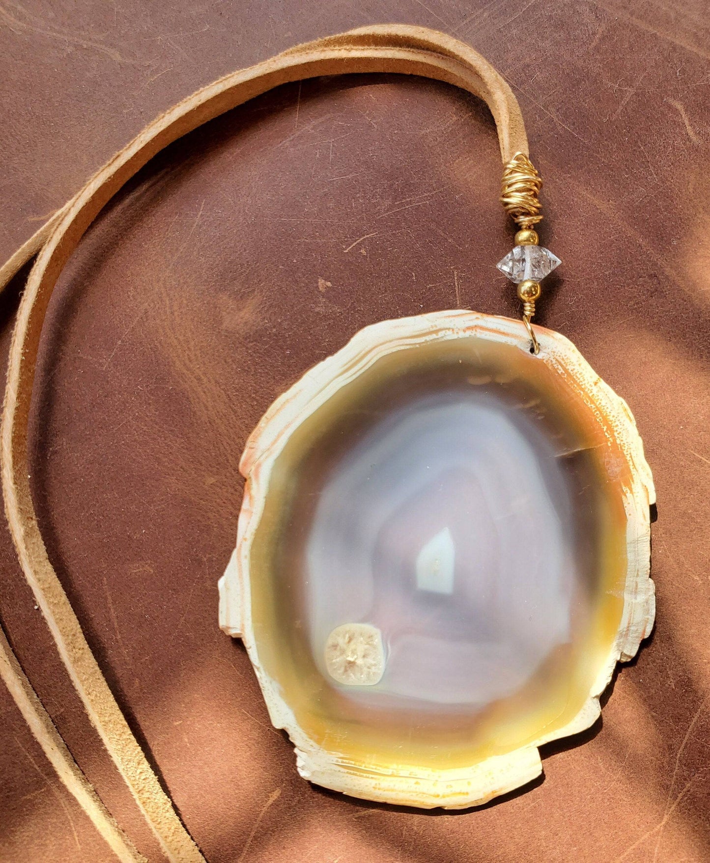 Iris Agate Suncatcher. Rainbow Agate. Iridescent Crystal. Window Display. Decor. Brass Wire. Herkimer Diamond. Genuine Leather Cord. - EarthyElementStudio