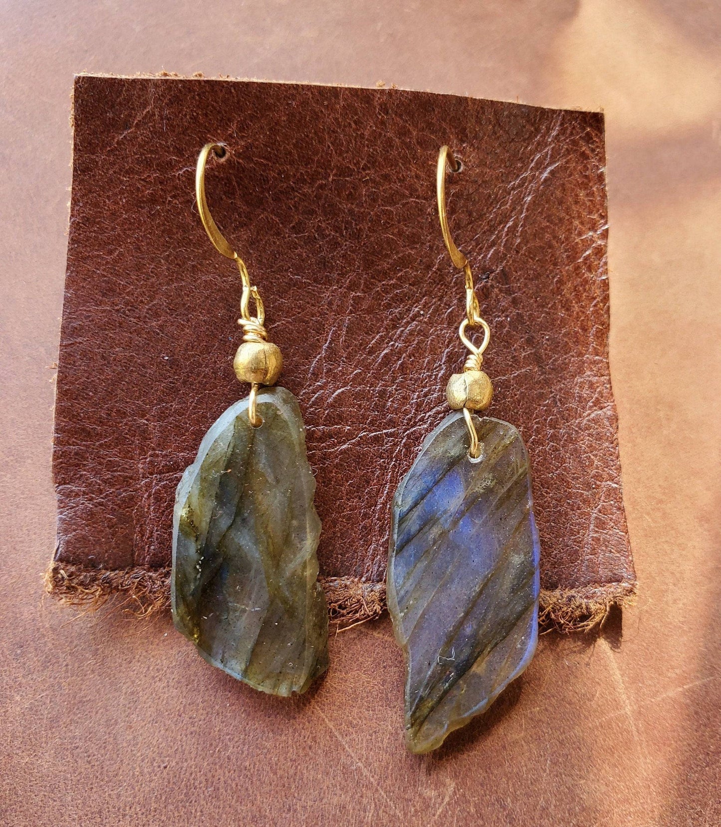 Labradorite Earrings. Crystal Jewelry on Brass WIRE Hook. Gold and blue flash. Handmade Brass beads. - EarthyElementStudio
