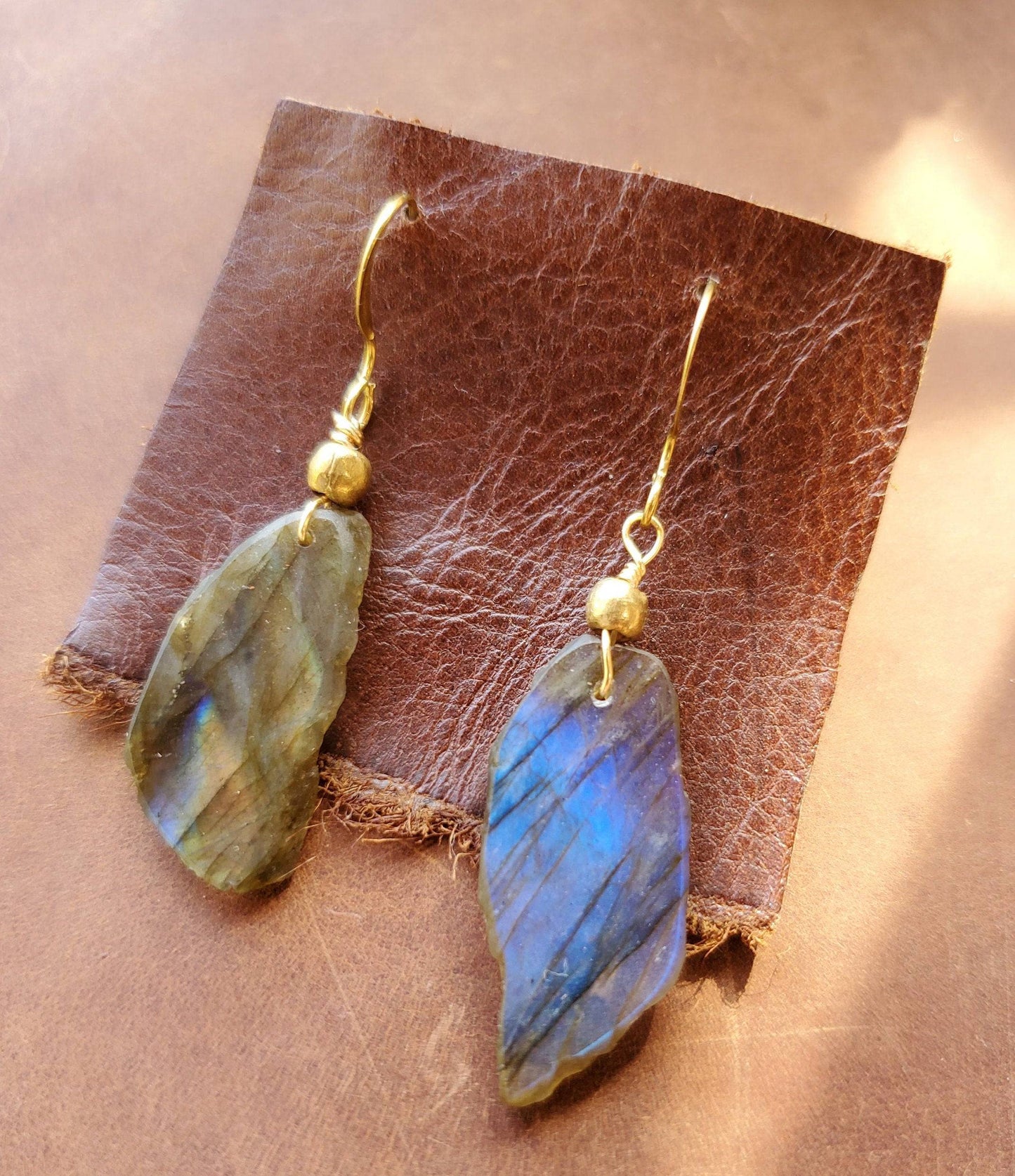 Labradorite Earrings. Crystal Jewelry on Brass WIRE Hook. Gold and blue flash. Handmade Brass beads. - EarthyElementStudio