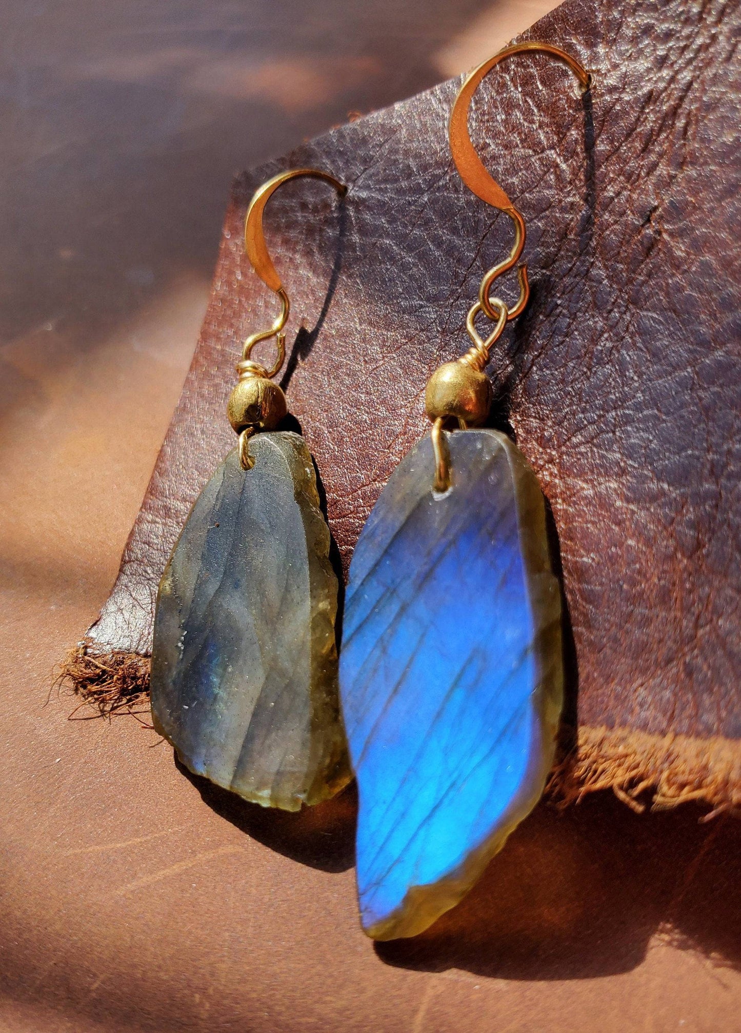Labradorite Earrings. Crystal Jewelry on Brass WIRE Hook. Gold and blue flash. Handmade Brass beads. - EarthyElementStudio