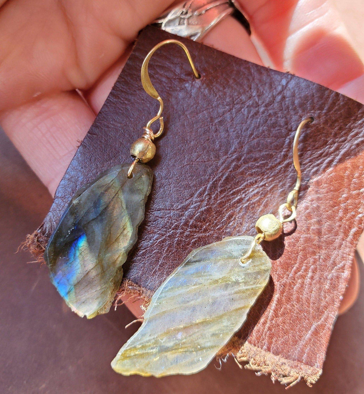 Labradorite Earrings. Crystal Jewelry on Brass WIRE Hook. Gold and blue flash. Handmade Brass beads. - EarthyElementStudio