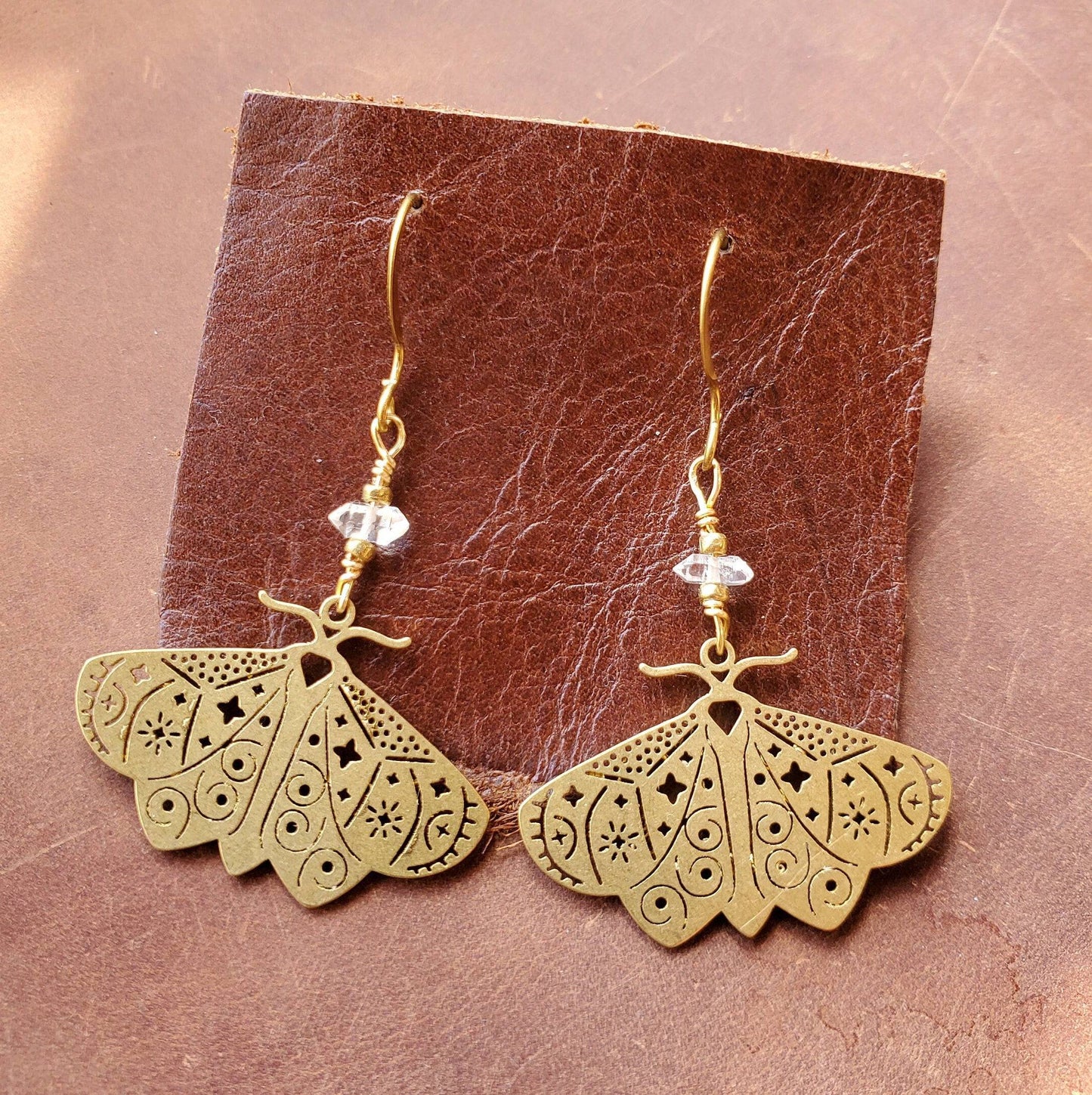 Brass Moth Earrings with Herkimer Diamonds. Handmade. Insect Jewelry . Natural. - EarthyElementStudio