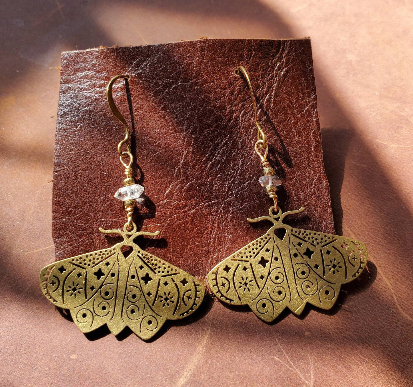 Brass Moth Earrings with Herkimer Diamonds. Handmade. Insect Jewelry . Natural. - EarthyElementStudio
