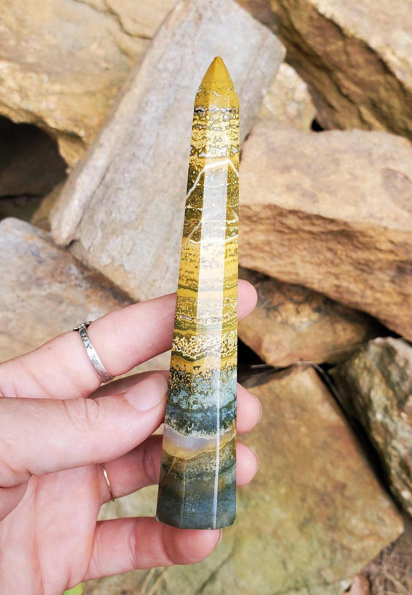 Gorgeous Ocean Jasper Point/ Small Tower. Yellow Green JASPER Point. Orbicular Jasper. Druzy pocket. - EarthyElementStudio