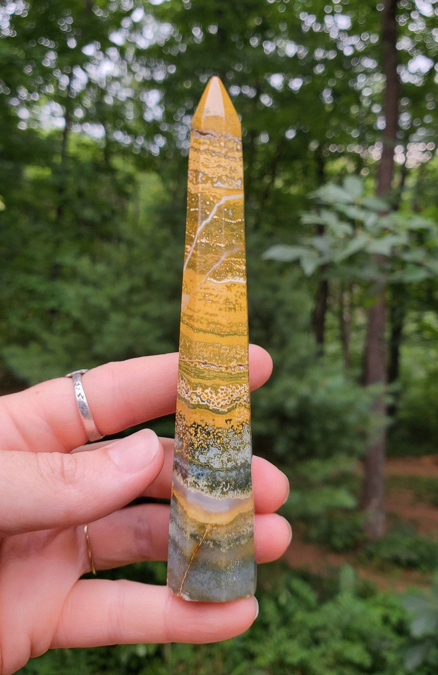 Gorgeous Ocean Jasper Point/ Small Tower. Yellow Green JASPER Point. Orbicular Jasper. Druzy pocket. - EarthyElementStudio