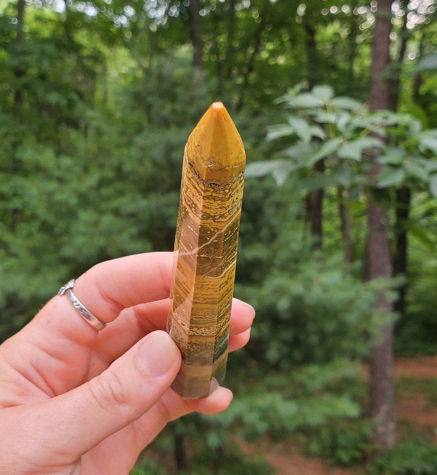 Gorgeous Ocean Jasper Point/ Small Tower. Yellow Green JASPER Point. Orbicular Jasper. Druzy pocket. - EarthyElementStudio