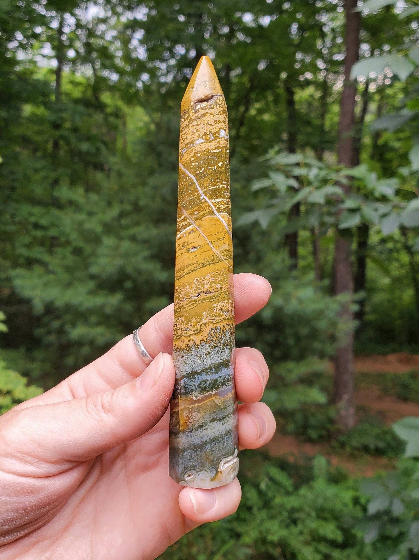 Gorgeous Ocean Jasper Point/ Small Tower. Yellow Green JASPER Point. Orbicular Jasper. Druzy pocket. - EarthyElementStudio