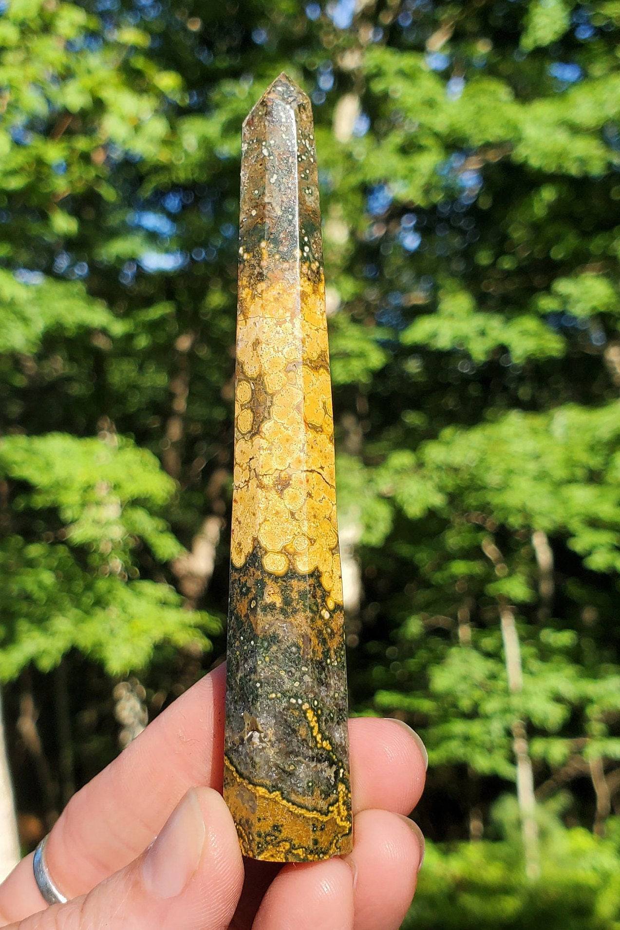 Gorgeous Ocean Jasper Point/ Small Tower. Yellow Green JASPER Point. Orbicular Jasper. - EarthyElementStudio