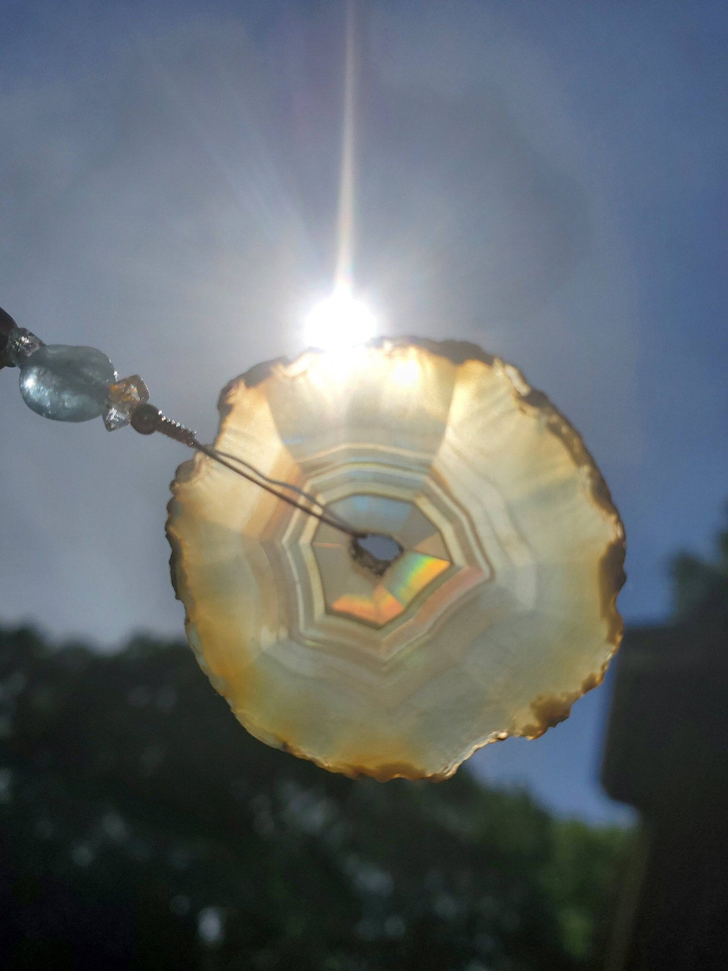 Small Iris Agate Suncatcher. Rainbow Agate. Iridescent Crystal. Window Display. Copper Wire. Aquamarine and Herkimer Diamond Beads. Leather. - EarthyElementStudio