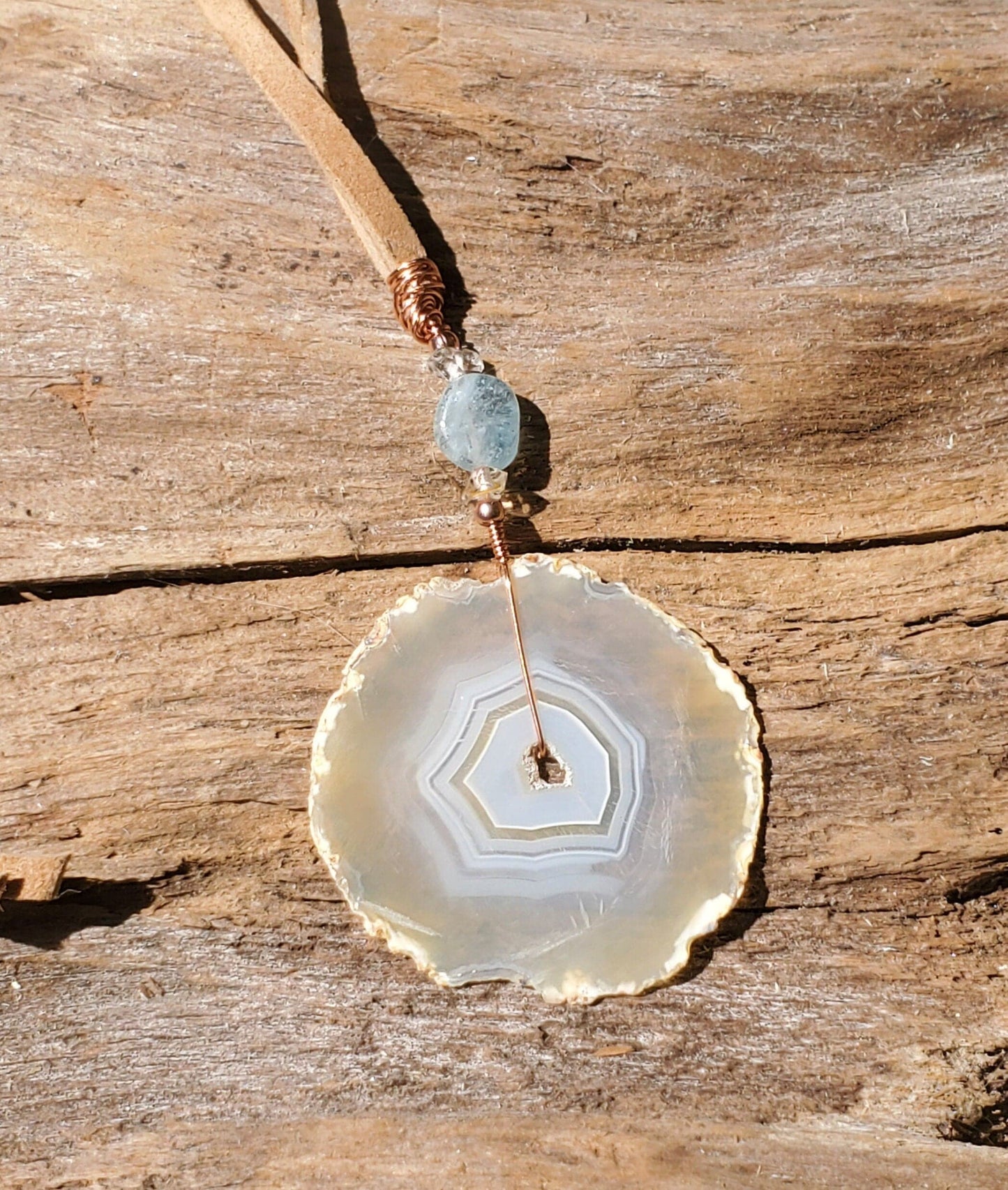 Small Iris Agate Suncatcher. Rainbow Agate. Iridescent Crystal. Window Display. Copper Wire. Aquamarine and Herkimer Diamond Beads. Leather. - EarthyElementStudio
