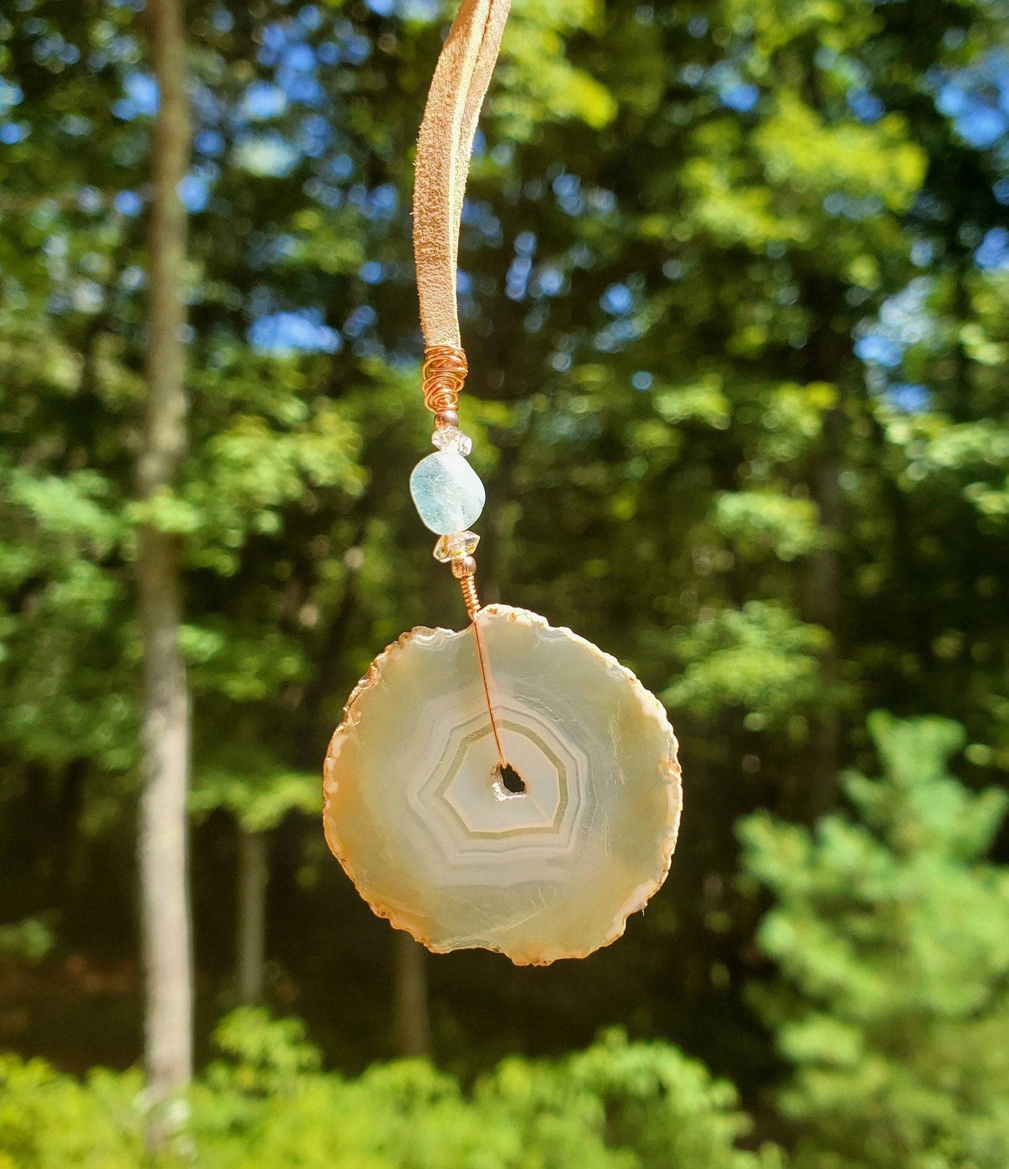 Small Iris Agate Suncatcher. Rainbow Agate. Iridescent Crystal. Window Display. Copper Wire. Aquamarine and Herkimer Diamond Beads. Leather. - EarthyElementStudio