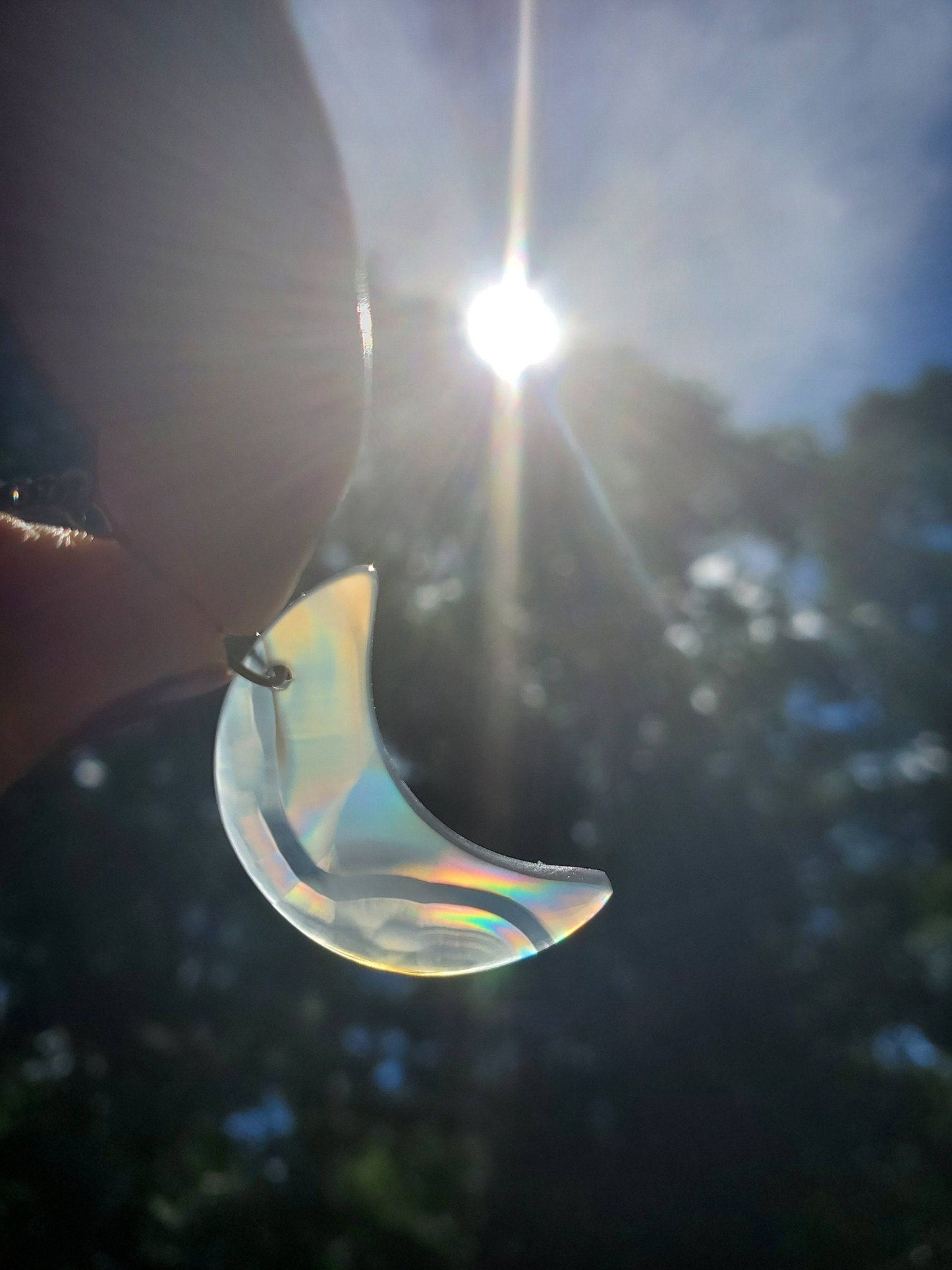 High Quality, Crescent-shaped Iris Agate Necklace. Iridescent Agate. Antiqued Brass. 18 inch. Moon Jewelry. Crystal. Herkimer Diamond. - EarthyElementStudio