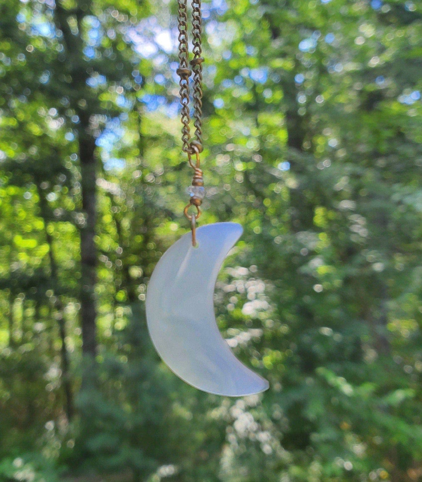 High Quality, Crescent-shaped Iris Agate Necklace. Iridescent Agate. Antiqued Brass. 18 inch. Moon Jewelry. Crystal. Herkimer Diamond. - EarthyElementStudio