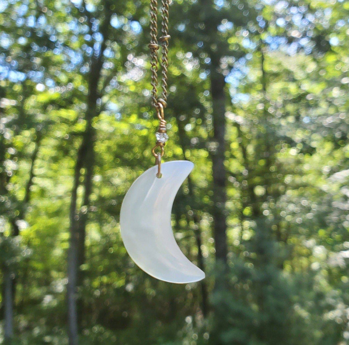 High Quality, Crescent-shaped Iris Agate Necklace. Iridescent Agate. Antiqued Brass. 18 inch. Moon Jewelry. Crystal. Herkimer Diamond. - EarthyElementStudio
