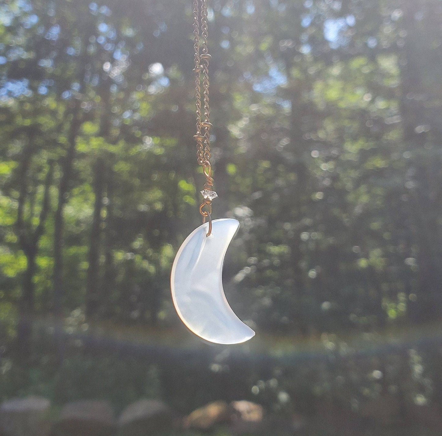 High Quality, Crescent-shaped Iris Agate Necklace. Iridescent Agate. Antiqued Brass. 18 inch. Moon Jewelry. Crystal. Herkimer Diamond. - EarthyElementStudio