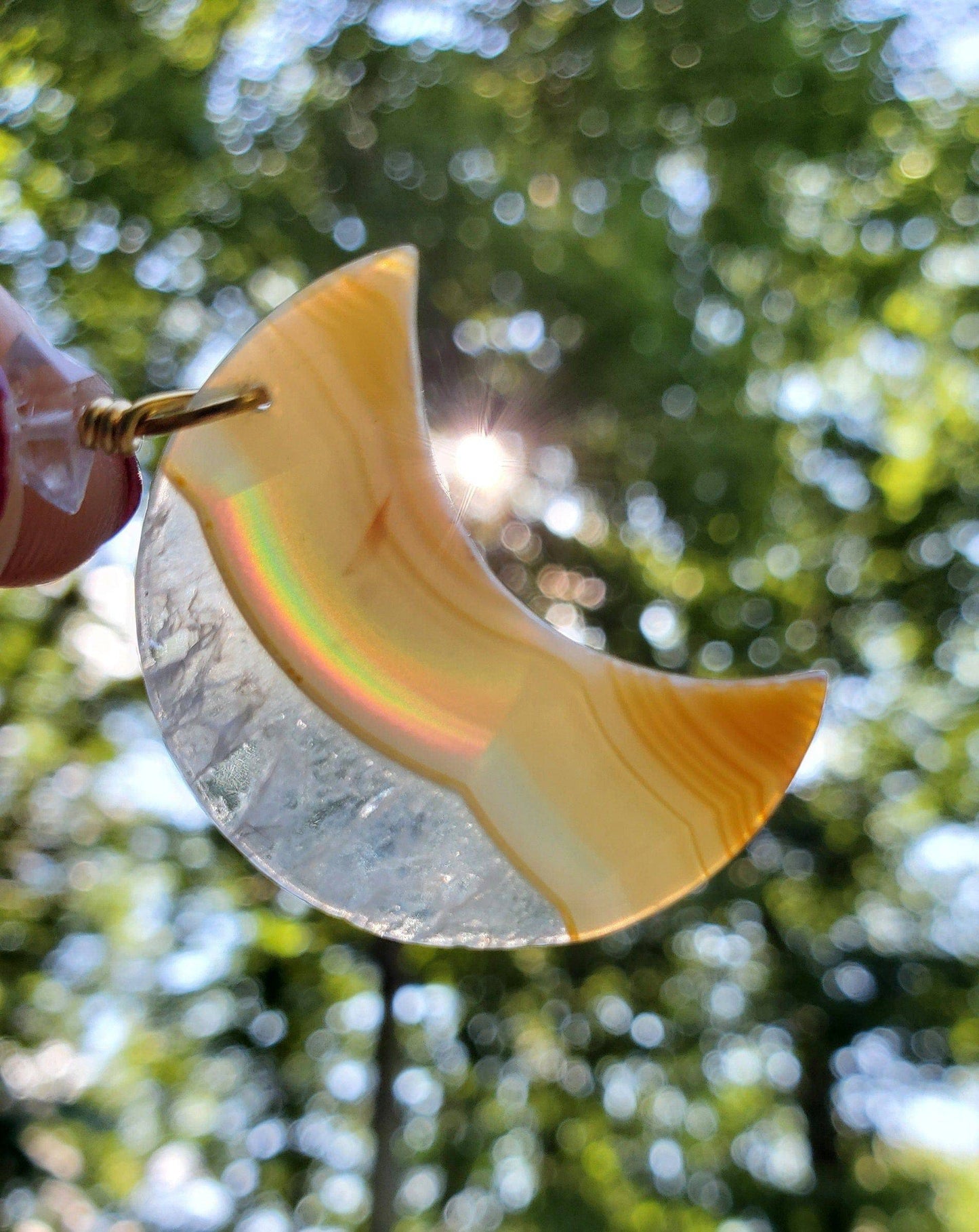 Wire wrapped Iris Agate Moon Suncatcher. Window display. Brass. Herkimer diamond. Iridescent agate. RAINBOW. Leather. - EarthyElementStudio
