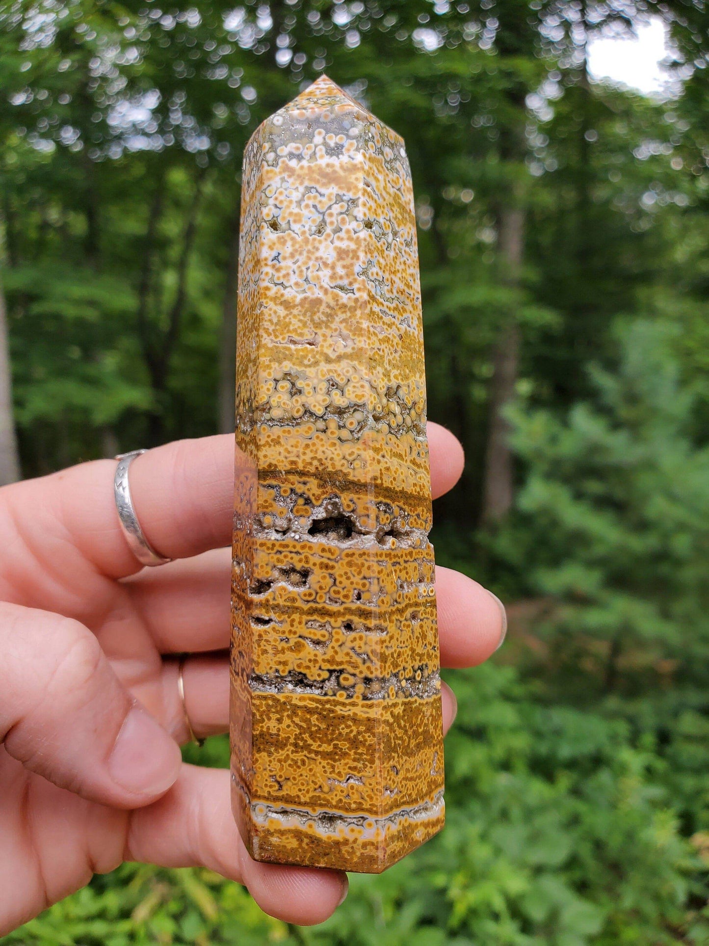 Gorgeous Ocean Jasper Tower. Yellow JASPER Point. Druzy Quartz pockets. Polished Crystal. - EarthyElementStudio