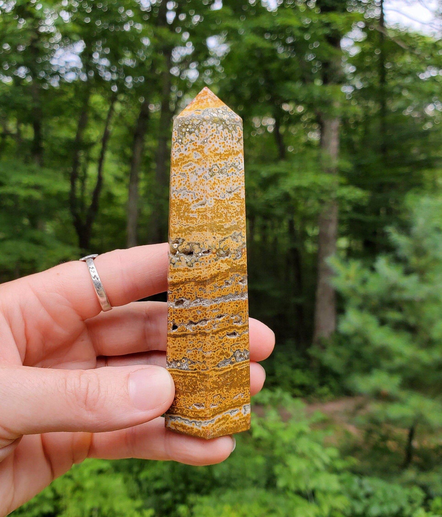 Gorgeous Ocean Jasper Tower. Yellow JASPER Point. Druzy Quartz pockets. Polished Crystal. - EarthyElementStudio