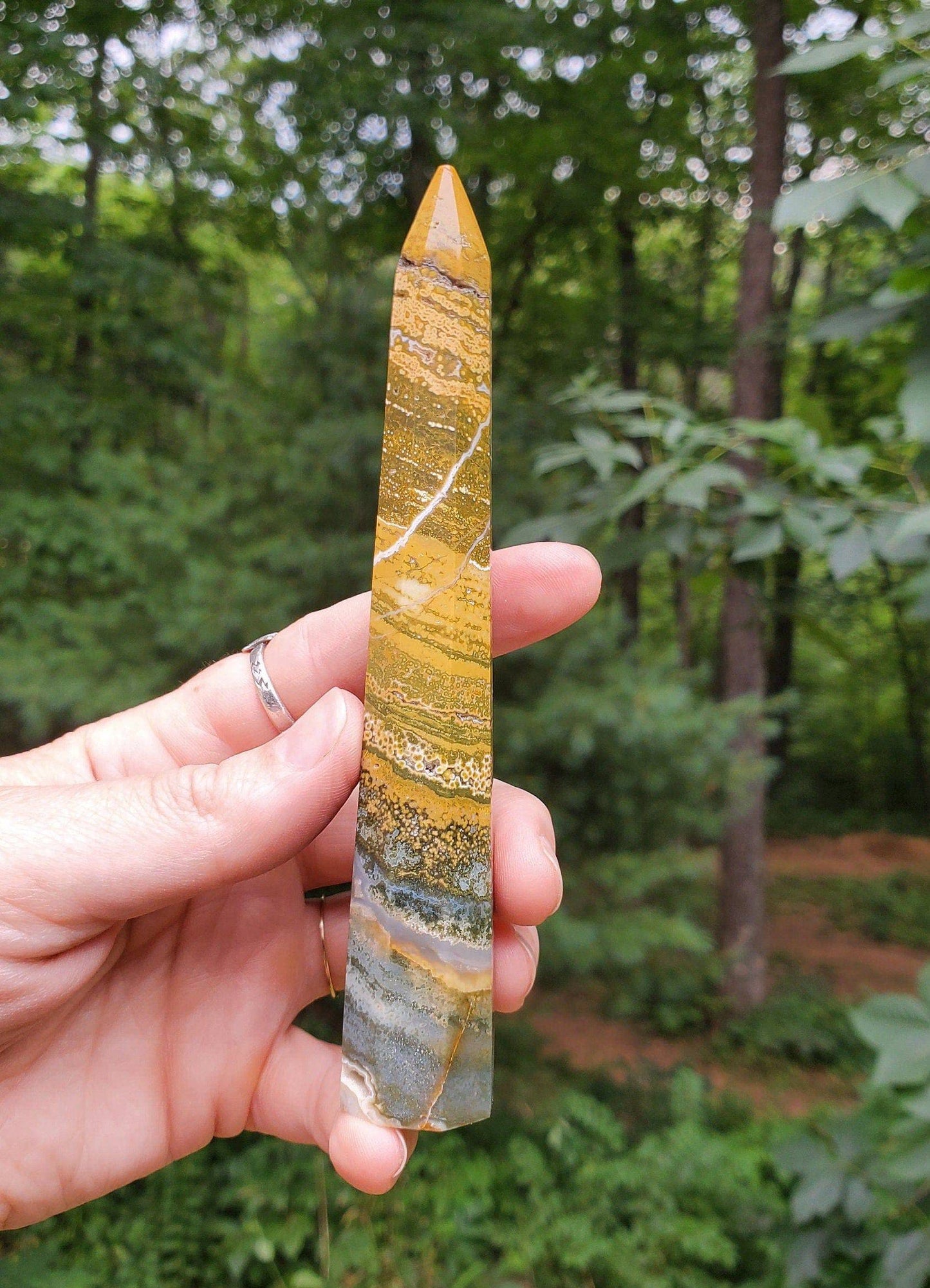 Gorgeous Ocean Jasper Point/ Small Tower. Yellow Green JASPER Point. Orbicular Jasper. Druzy pocket. - EarthyElementStudio