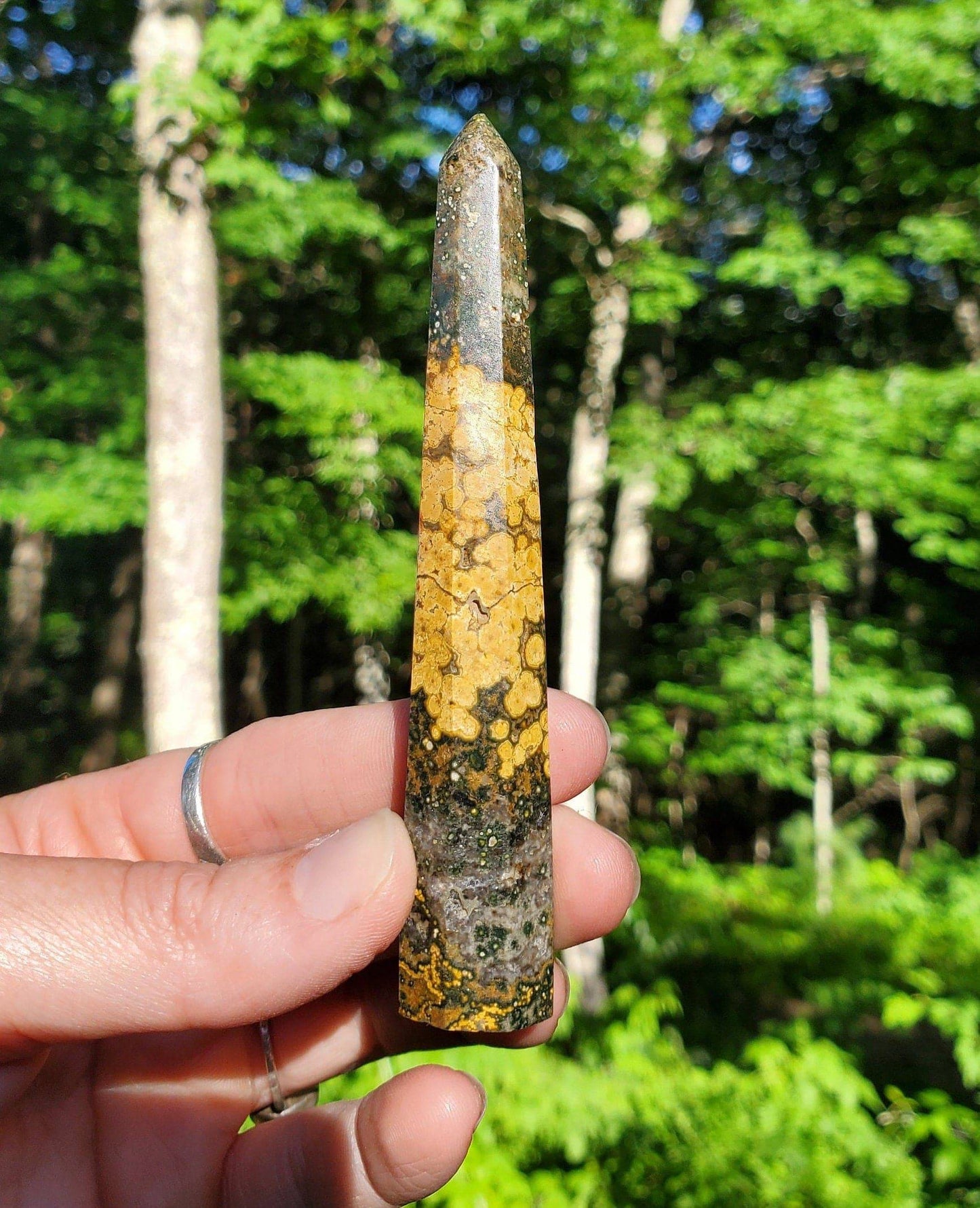 Gorgeous Ocean Jasper Point/ Small Tower. Yellow Green JASPER Point. Orbicular Jasper. - EarthyElementStudio