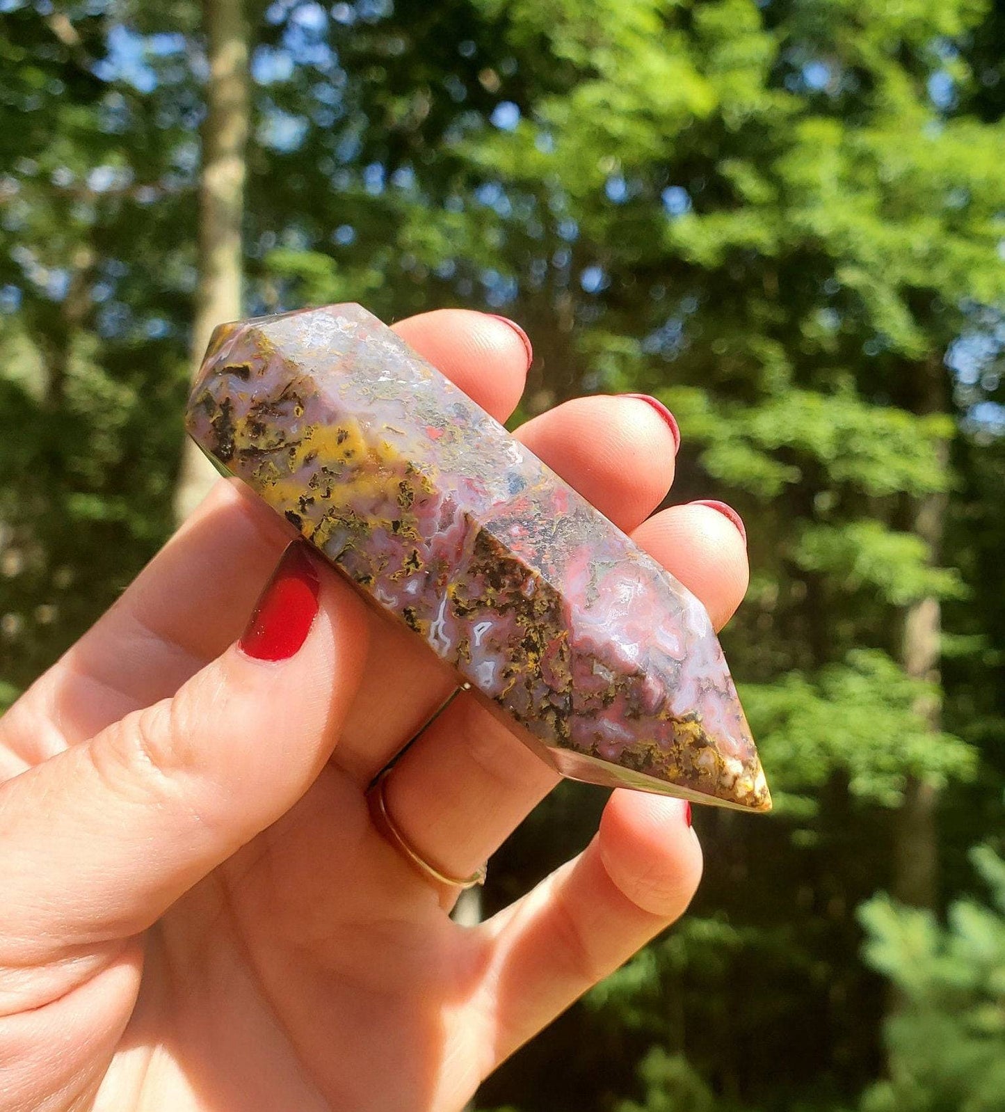 Beautiful Red Moss Agate. Double Terminate Point /Wand. Carved Crystal. Spiritual growth. Prosperity. - EarthyElementStudio
