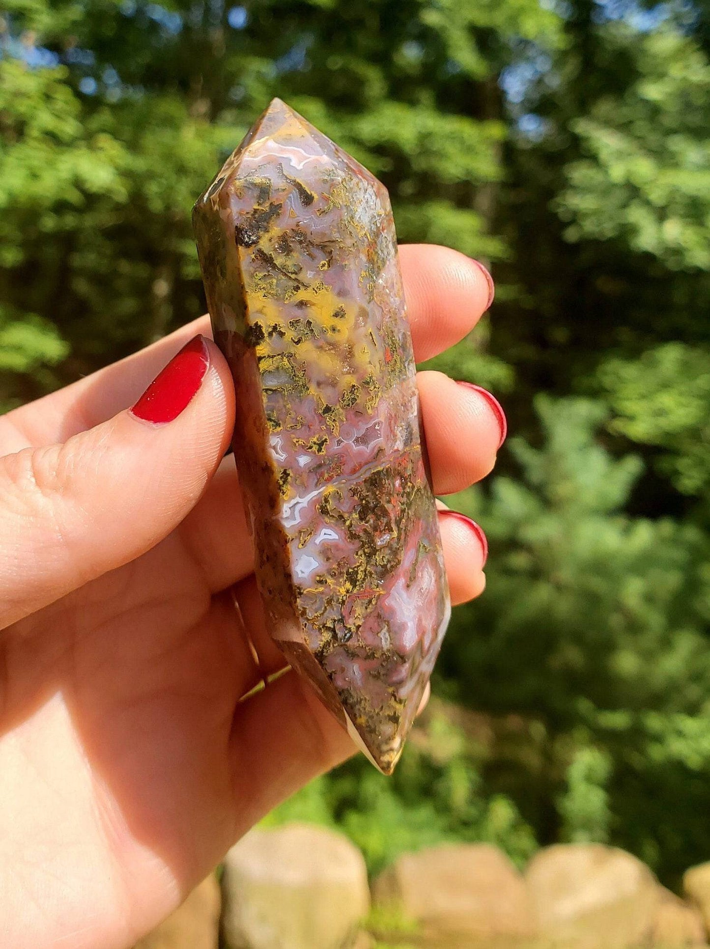Beautiful Red Moss Agate. Double Terminate Point /Wand. Carved Crystal. Spiritual growth. Prosperity. - EarthyElementStudio