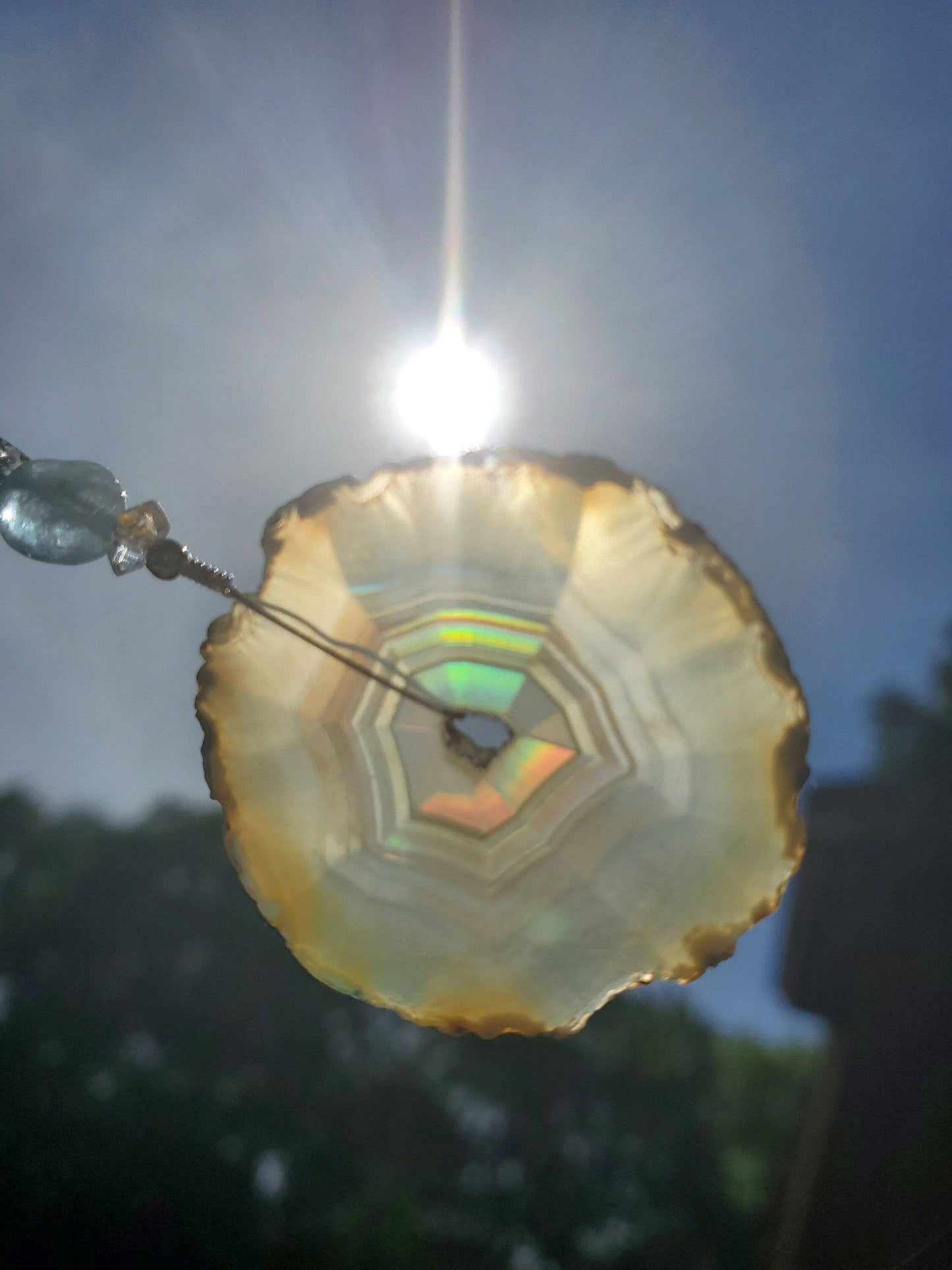 Small Iris Agate Suncatcher. Rainbow Agate. Iridescent Crystal. Window Display. Copper Wire. Aquamarine and Herkimer Diamond Beads. Leather. - EarthyElementStudio