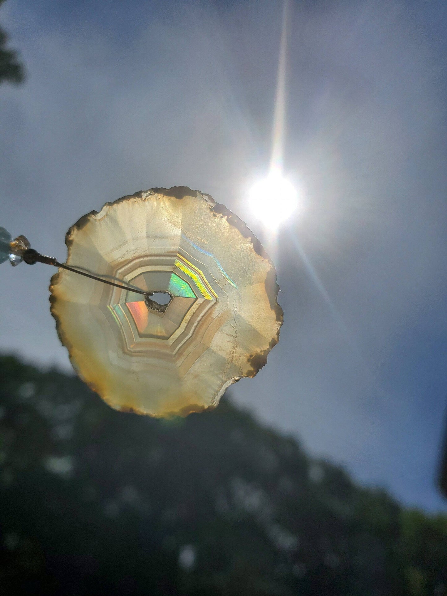 Small Iris Agate Suncatcher. Rainbow Agate. Iridescent Crystal. Window Display. Copper Wire. Aquamarine and Herkimer Diamond Beads. Leather. - EarthyElementStudio