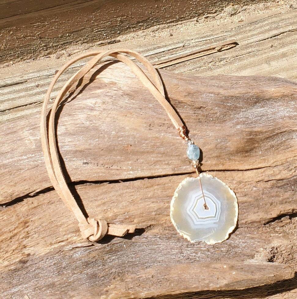 Small Iris Agate Suncatcher. Rainbow Agate. Iridescent Crystal. Window Display. Copper Wire. Aquamarine and Herkimer Diamond Beads. Leather. - EarthyElementStudio