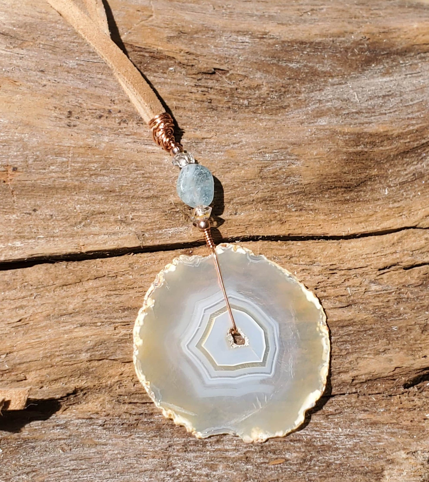 Small Iris Agate Suncatcher. Rainbow Agate. Iridescent Crystal. Window Display. Copper Wire. Aquamarine and Herkimer Diamond Beads. Leather. - EarthyElementStudio