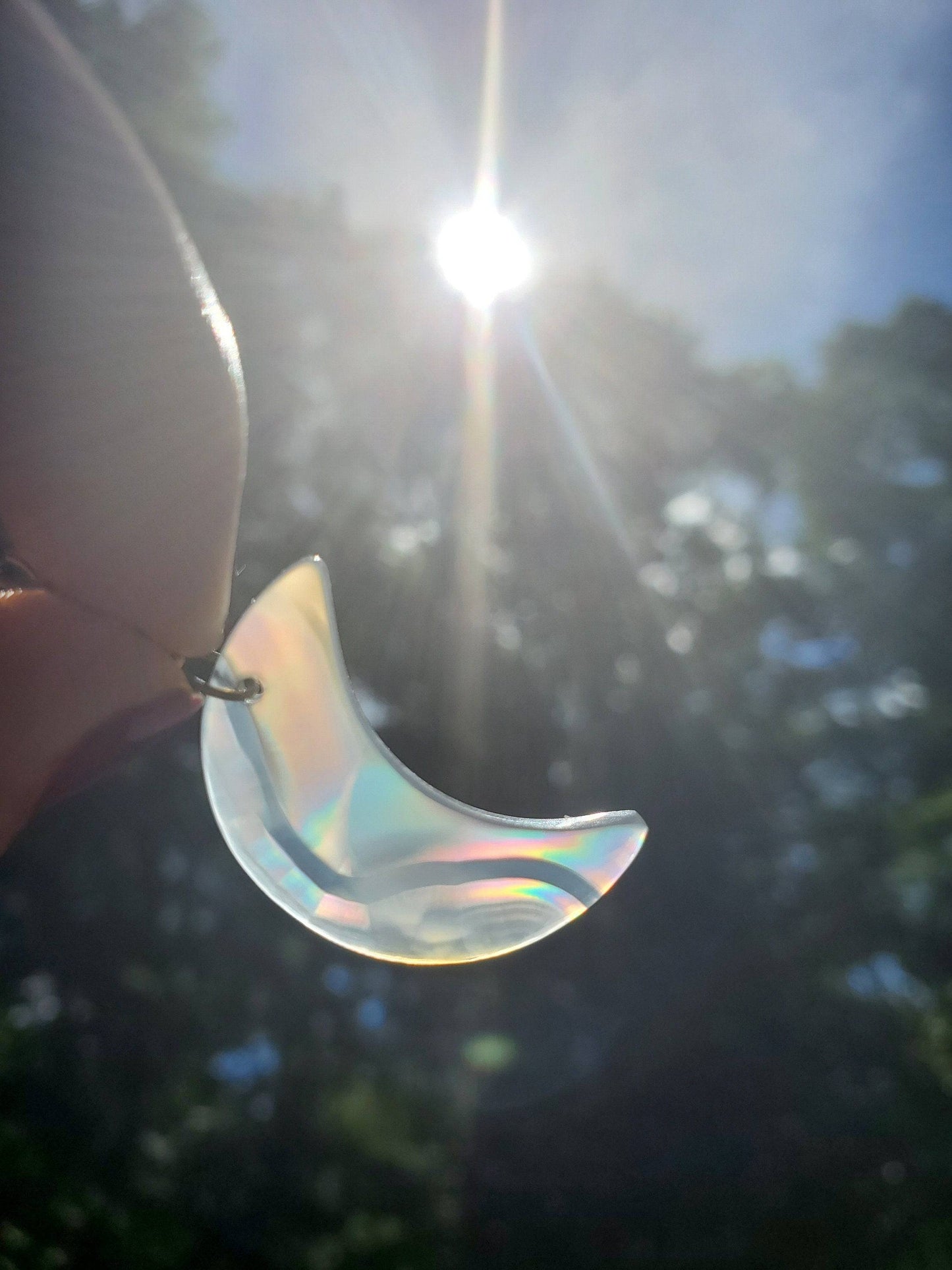 High Quality, Crescent-shaped Iris Agate Necklace. Iridescent Agate. Antiqued Brass. 18 inch. Moon Jewelry. Crystal. Herkimer Diamond. - EarthyElementStudio