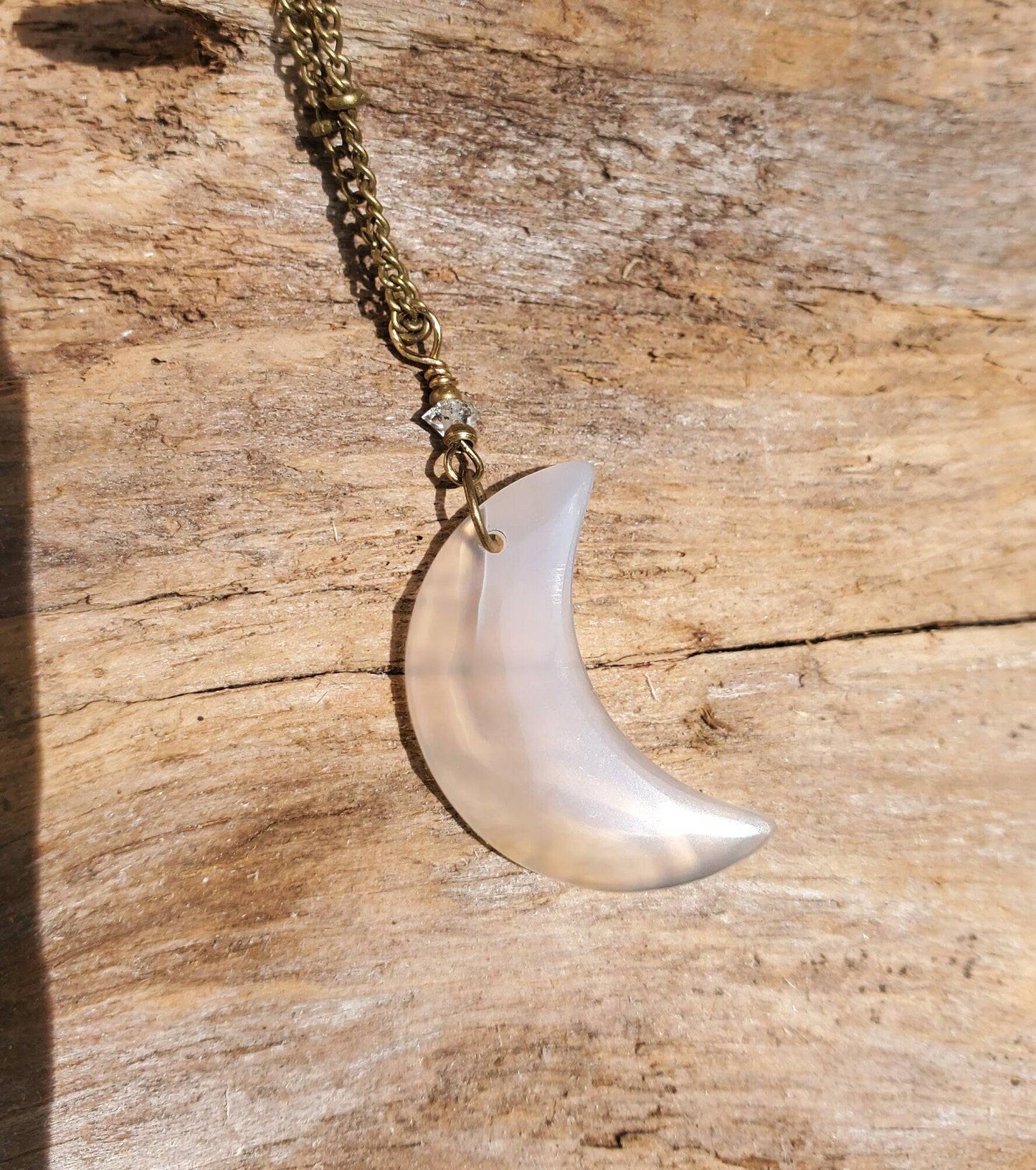 Made to Order: High Quality Iris Agate Crescent-Shaped Necklace. Antiqued brass. Moon Jewelry. 18 inch. Herkimer Diamonds - EarthyElementStudio