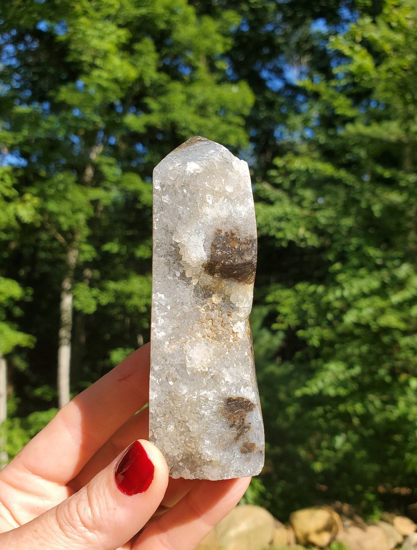 Beautiful Polished Indonesian Agate Tower with Druzy Quartz. Meditation tool. Crystal Decor. - EarthyElementStudio