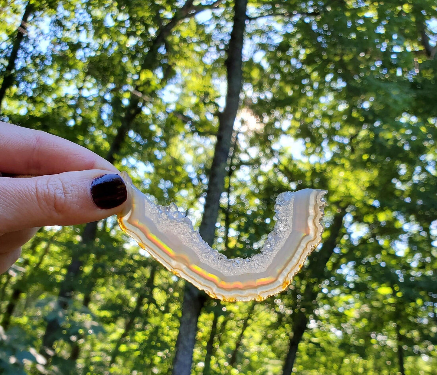 Iris Agate Window Display. SUNCATCHER. RAINBOW Crystal. Pheasant Feathers, Leather Cord. - EarthyElementStudio