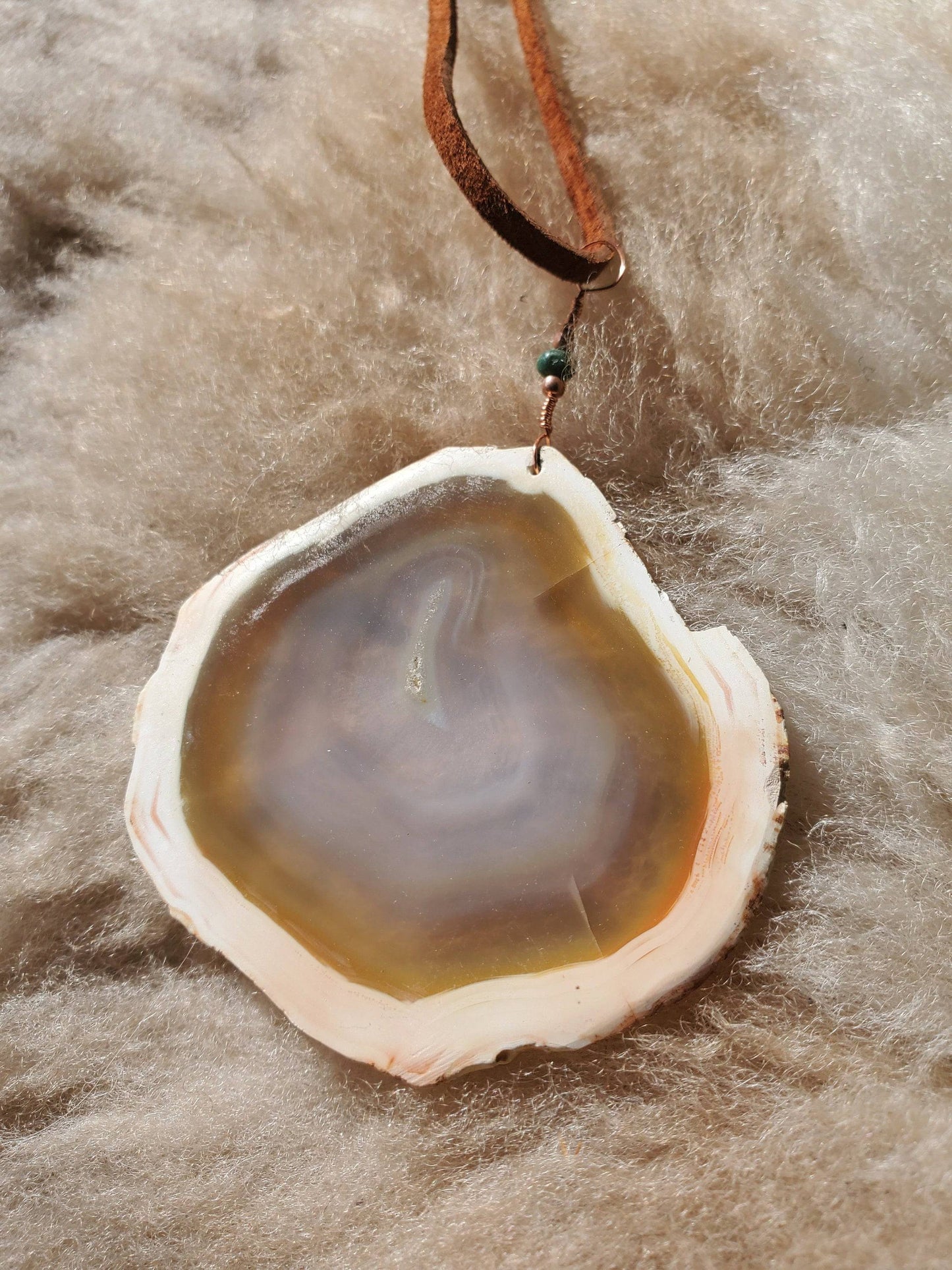 Iris Agate Ornament. Rainbow Agate. Iridescent Crystal. Window Display. Decor. Copper Wire. Turquoise Bead. Genuine Leather Cord. - EarthyElementStudio