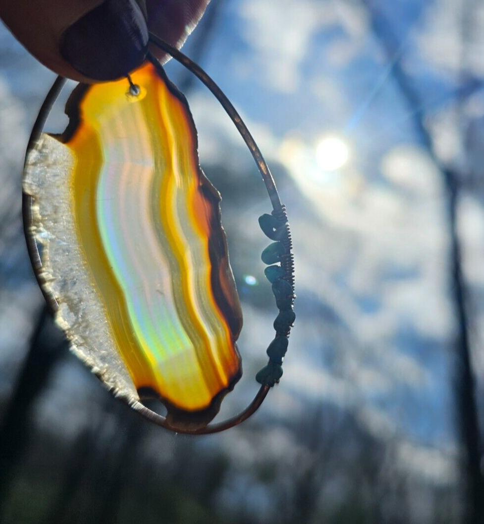 Handmade Iris Agate Suncatcher. Natural Boho Wall Decor. Crystal Home Decor